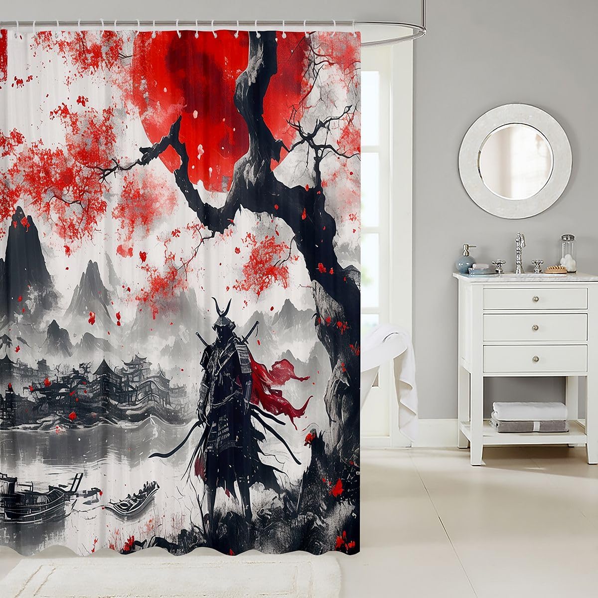 jejeloiu Samurai Shower Curtain for Bathroom Decor Cherry Blossoms Bath Curtain for Stalls Bathtubs Japanese Style Bathroom Accessories Waterproof Polyester Fabric with 12 Hooks 72"x78"