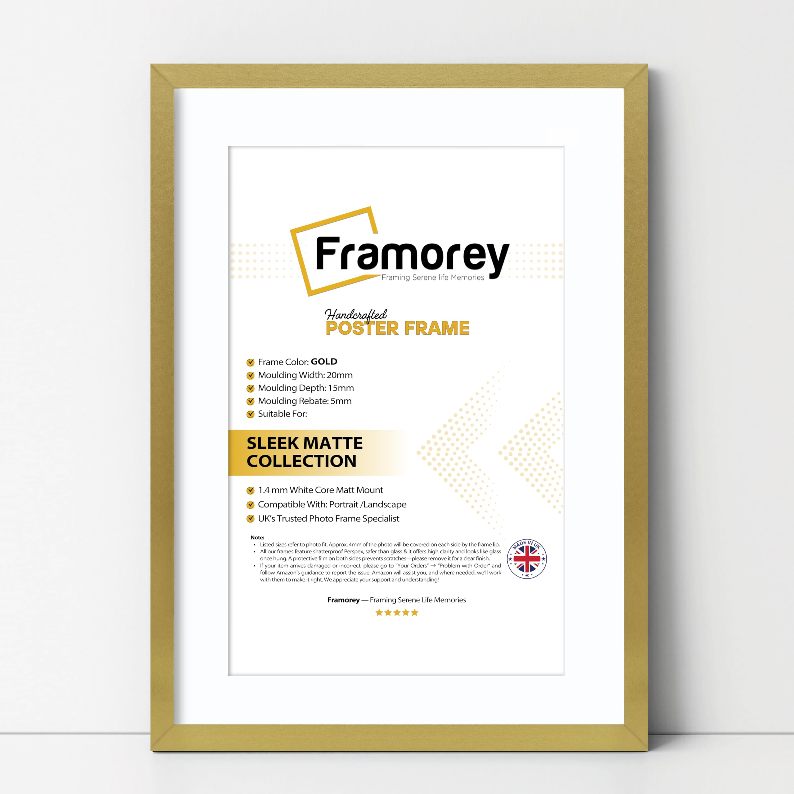 FRAMOREY Thin Matt Gold Photo Frames 18x14" Size Picture Frames With 15x10" Size White Mount, Flat Wooden Effect Photo Frames, Home Décor Frame, Wall Art Poster Frame