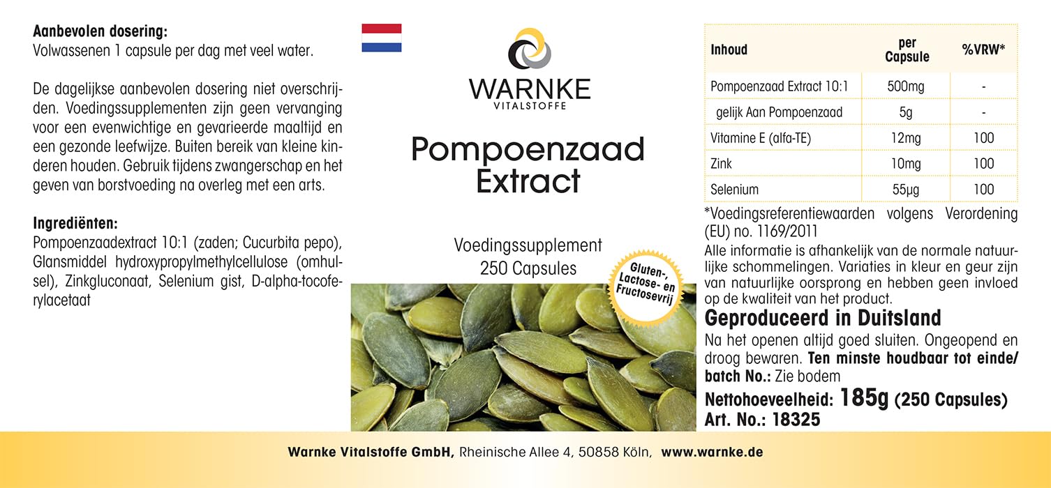 Extracto de semillas de calabaza 500 mg - 250 cápsulas - con vitamina E, zinc y selenio - alta dosis - envase grande | Warnke Vitalstoffe - Calidad de farmacia alemana