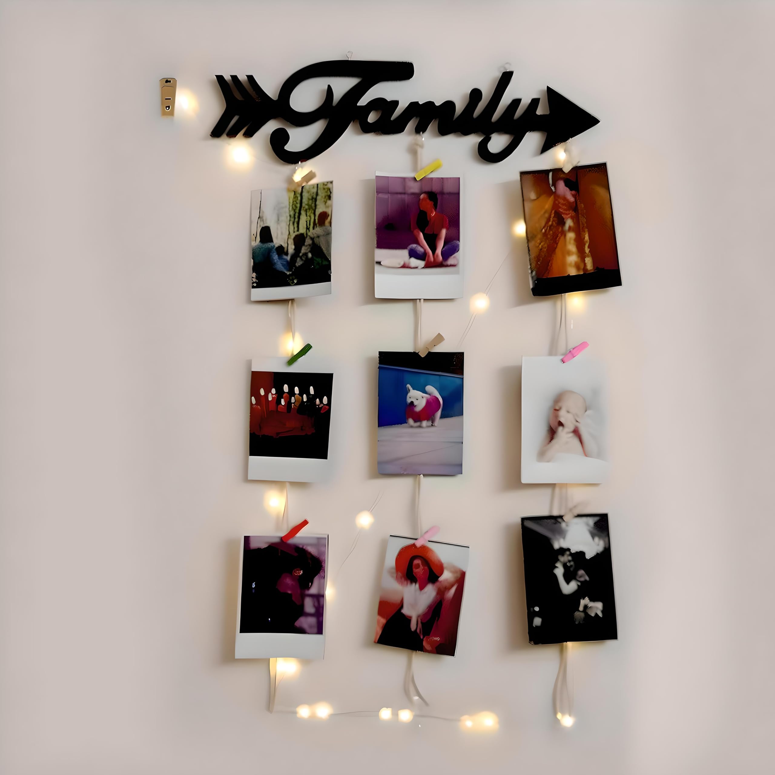 VAH Wooden Photo Frame with LED Light - photo wall hanging, memories, hanging photo frames for wall decoration, moments, photos for walls decoration, photo frames for wall-decoration with light (Family arow with light)