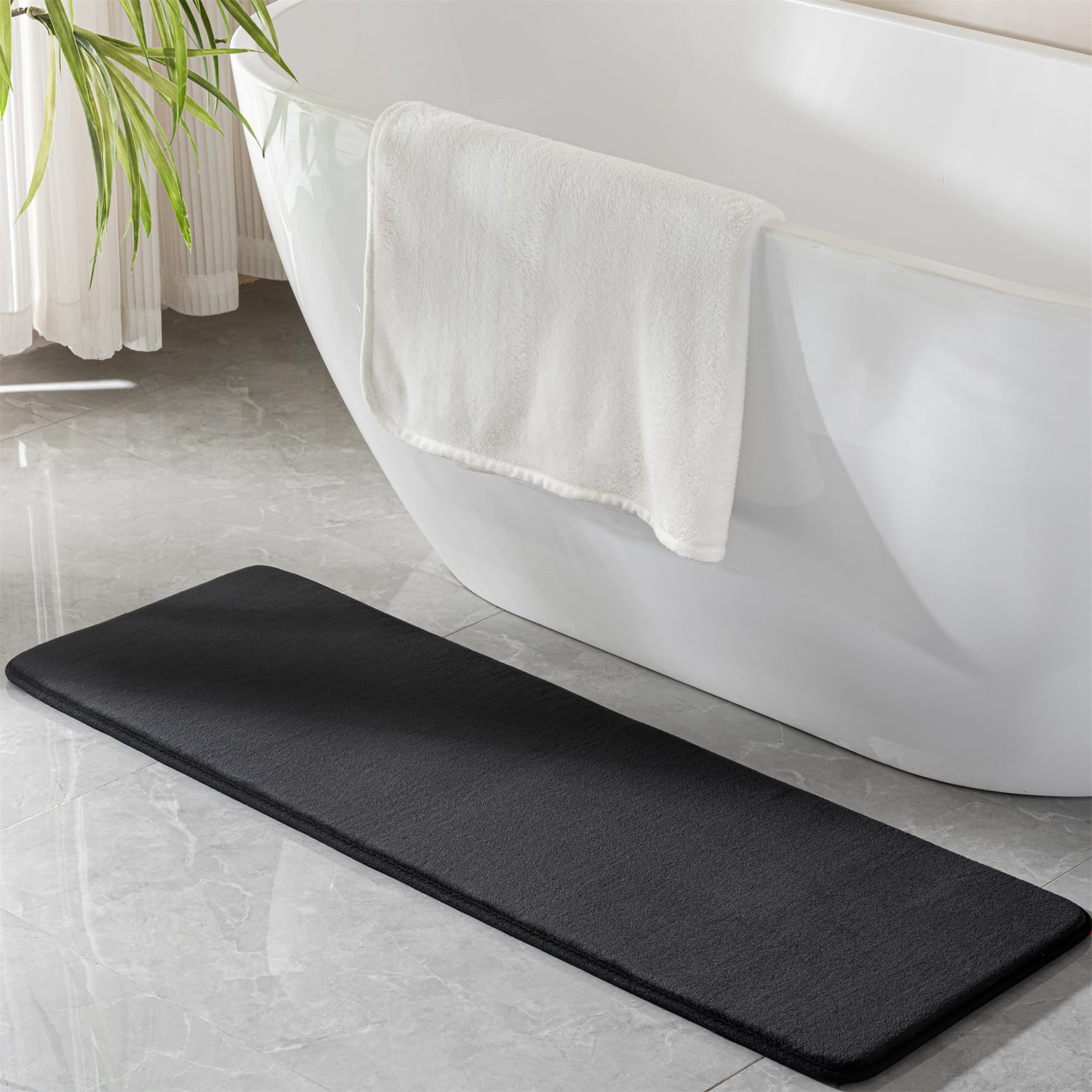 Black Memory Foam Bath Runner Mat Long Narrow Bathroom Rug Microfiber Bathroom Carpet Non Slip Soft Absorbent Washable Bathrug,16" x 47"