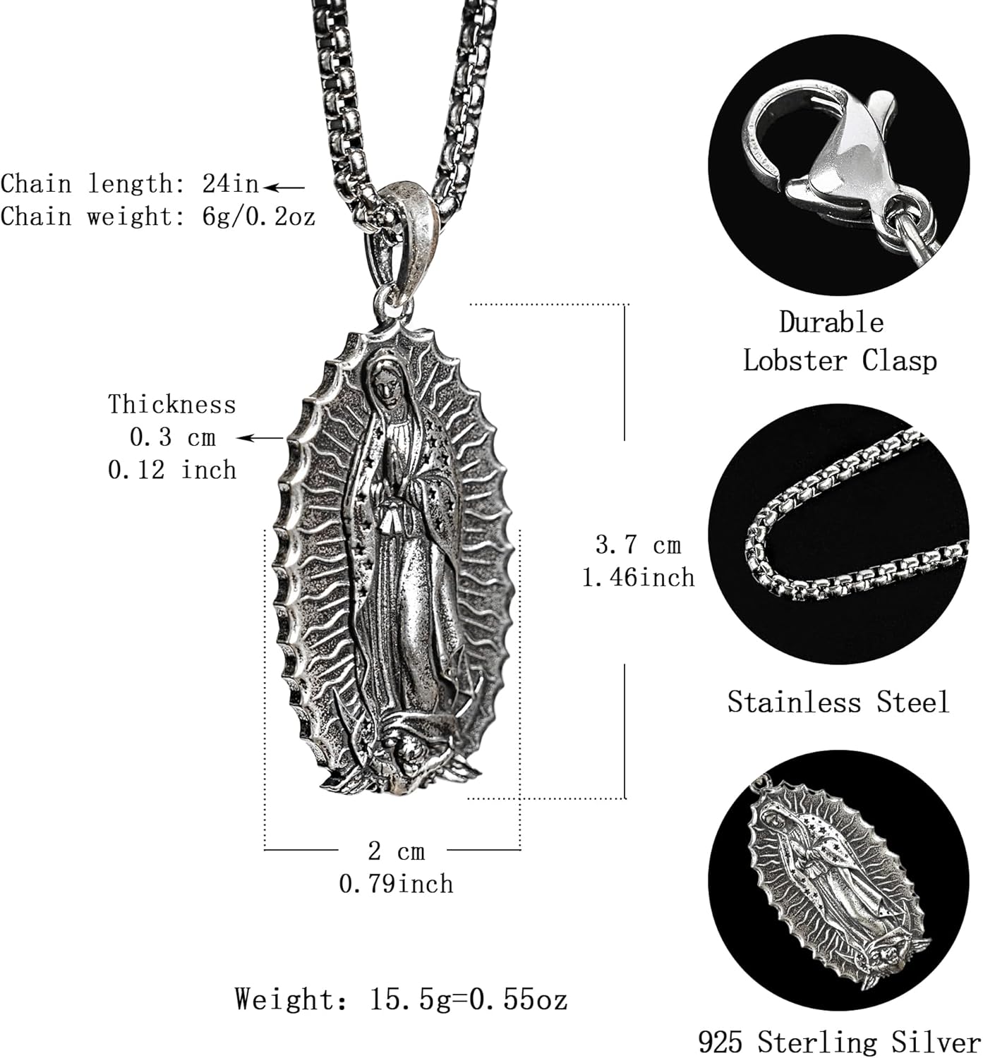 BGCOPPER Sterling Silver Saint Benedict/Virgin Mary/Sacred Heart of Jesus Pendant Necklace for Men Women, St Benedict Medal/Lady of Guadalupe/Jesus Necklace Religious Christmas Gift - Image 2