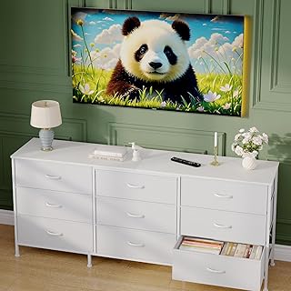 TV Stand Dresser for 45-65 Inch TV, Entertainment Center with LED Lights, 8 Fabric Drawers, Metal Frame Storage Cabinet with Wood Top for Living Room Bedroom Hallway Multifunctional TV Stand with LED