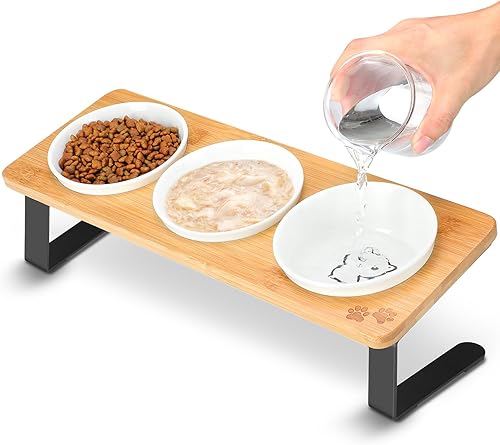 3 cuencos elevados para gatos inclinados antivómitos de cerámica elevados para alimentos y agua, platos para gatos de interior con soporte