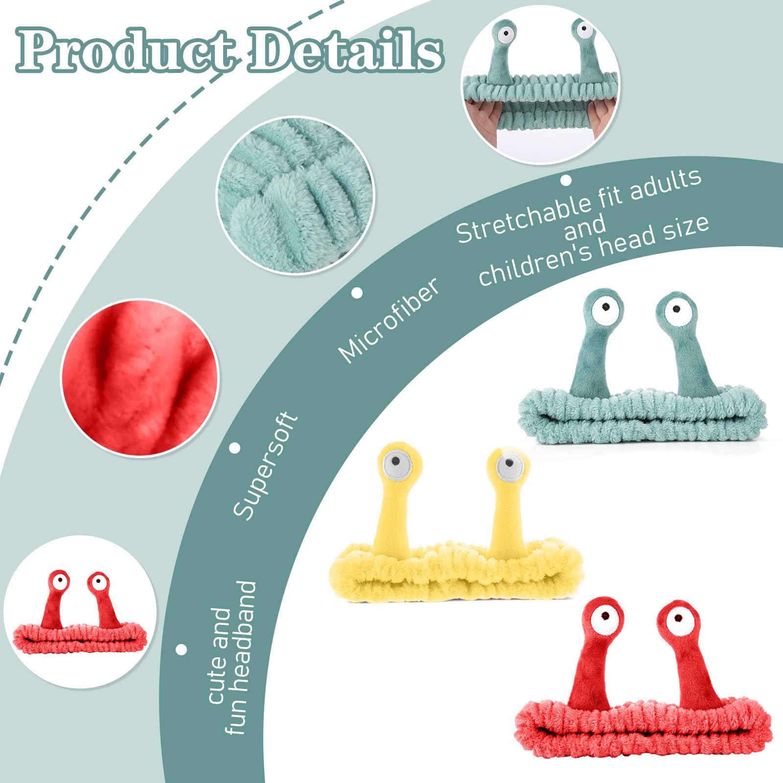 KFHENSOMR 3Pcs Face Wash Headband Snail Spa Hair Bands Cute Makeup Headbands Women Cartoon Creative Hair Accessories Elastic Coral Fleece Fun Gifts for Washing Face Shower Beauty Skincare - Image 3