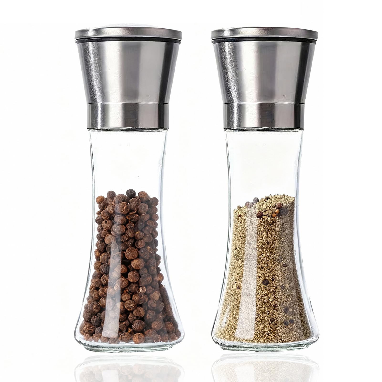Salt and Pepper Grinder Set, Refillable Black Pepper Mill with Adjustable Ceramic Coarseness, Manual Spice Shaker