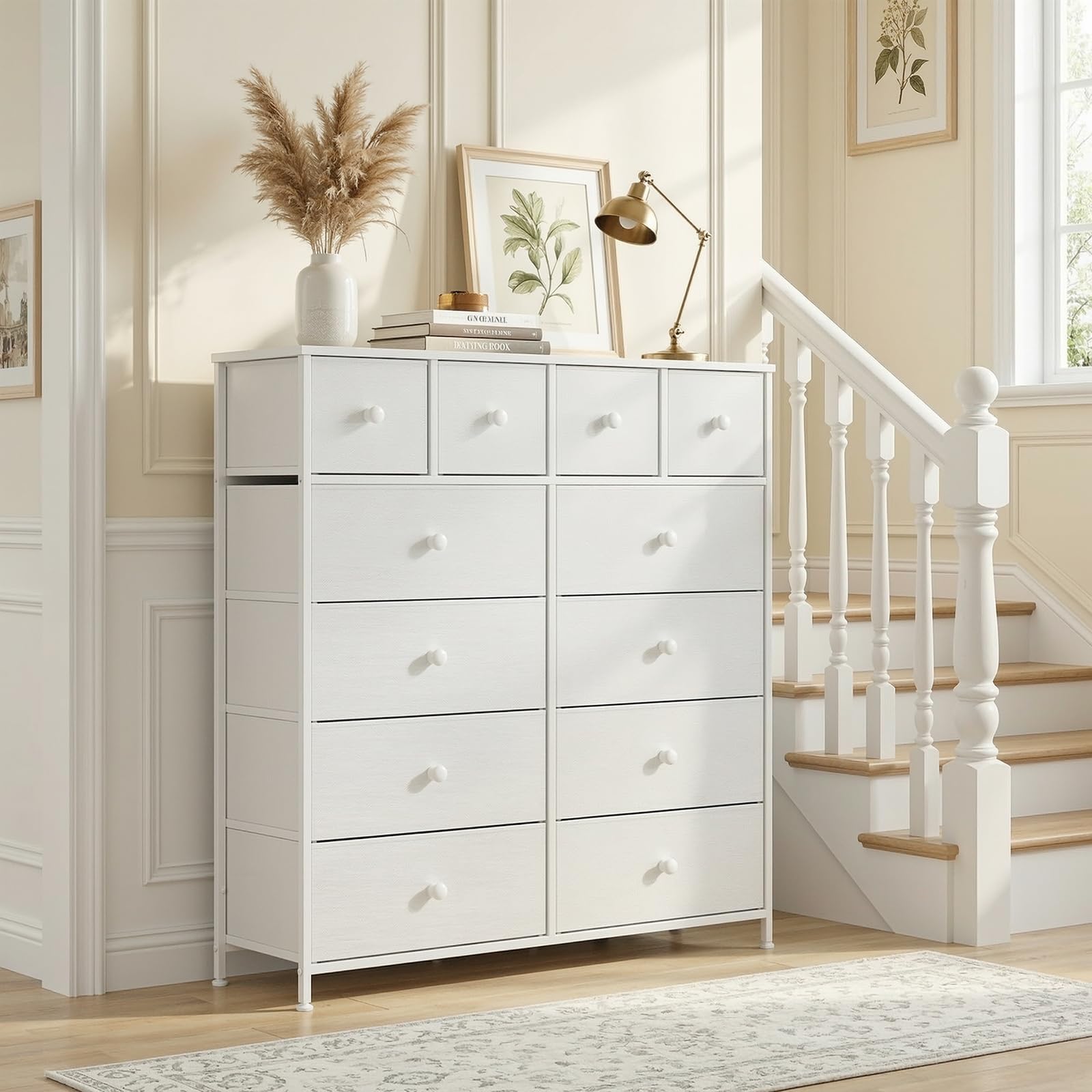 Clevich Cassettiera in tessuto, armadio per riporre, credenza per soggiorno con 12 cassetti per cucina, ufficio, ingresso e camera da letto (Bianco)