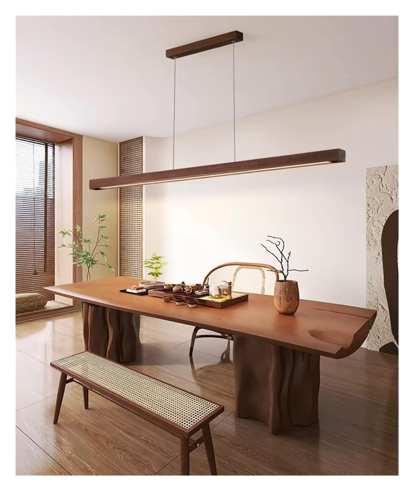 ASerZenith Modern Led Pendant Light Wood Long Strip Dining Table Lamp Suspension Chandelier For Living Dining Room Kitchen Lighting Fixture,Rc Stepless Dimming-100Cm