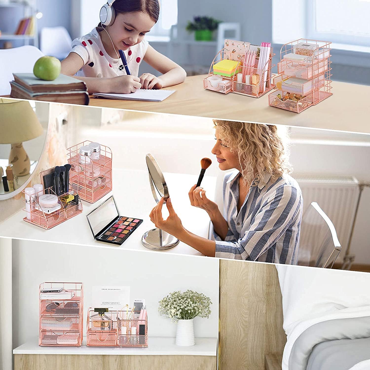 POPRUN Desk Organizer Pen Holder Office Supplies,Cute Mesh Office Supplies Accessories Essentials Caddy with Drawers for Home & Office Desktop Organization & Decor, Rose Gold - Set of 2 : Office Products