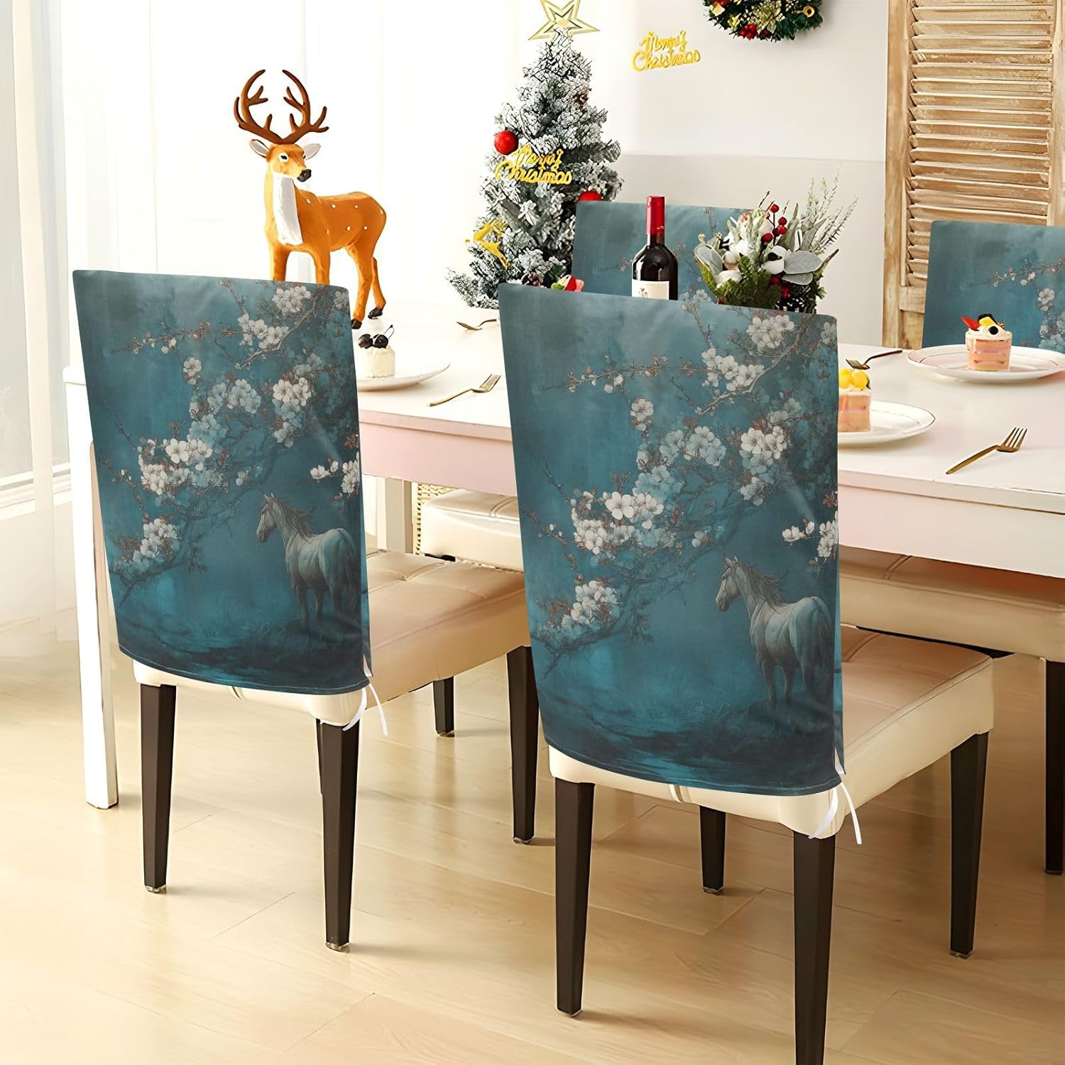 ALAZA Horse Flowers Chair Back Cover Set of 6, Washable Reusable Removable Chair Slipcovers Decorative Chair Cover for Home Kitchen Wedding Party