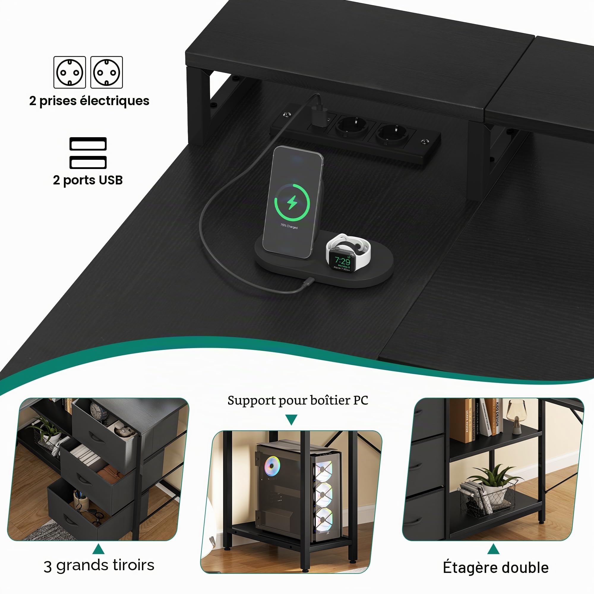 YITAHOME L Form Bureau avec Prise USB 4 Tiroirs Réversible 140x100cm Noir