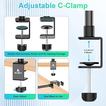 Ailight Camera Desk Mount Webcam Stand with Cell Phone Holder Adjustable Table Camera Stand Overhead Tripod Webcam Mount with 1/4 Screw & C Clamp for Logitech Obsbot insta360 Anker, etc