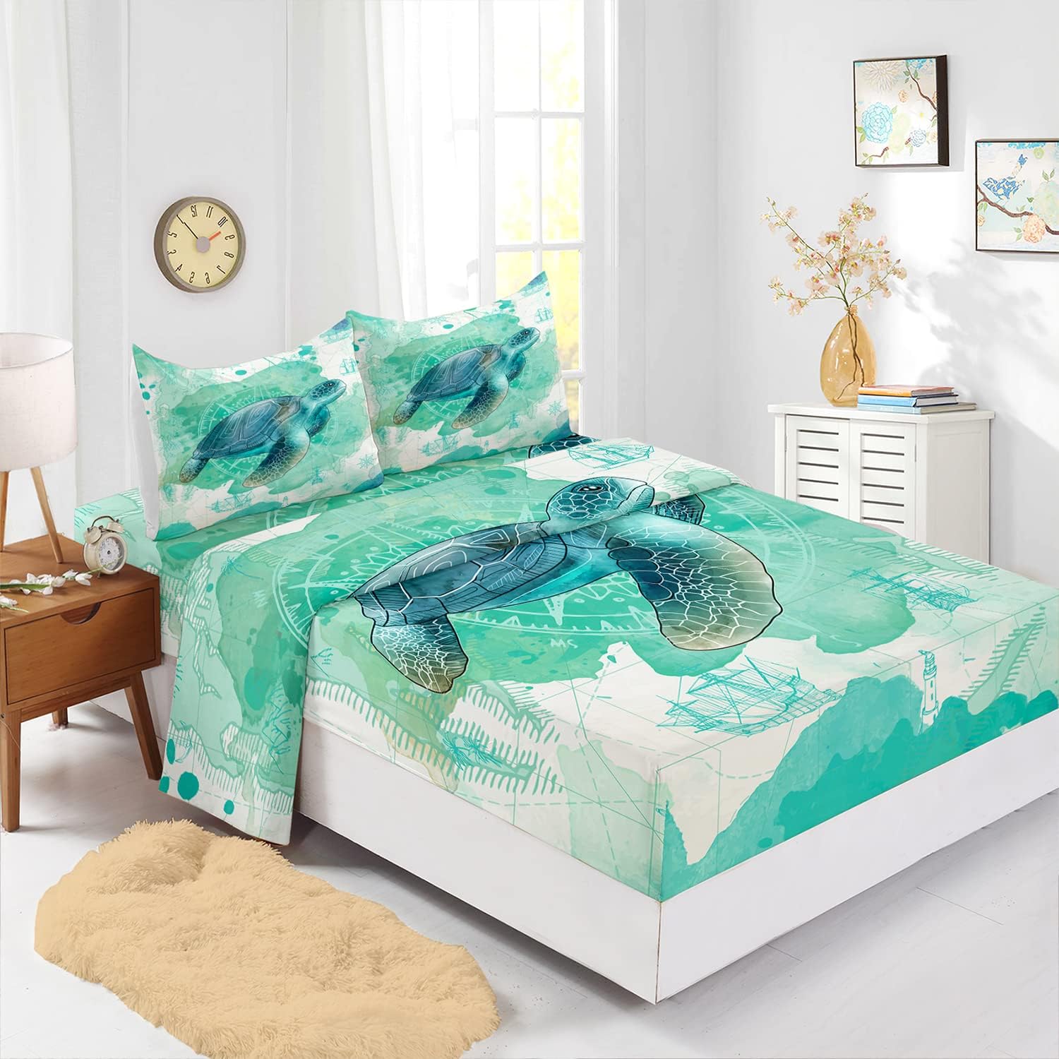 CVHOUSE Sea Turtle Fitted Sheet,Ocean Bed Sheet Set Queen Size,Turtle Bedding Set for Boys Kids Girls,1 Flat Sheet & 1 Fitted Sheet with 2 Pillow Cases - 4 Piece