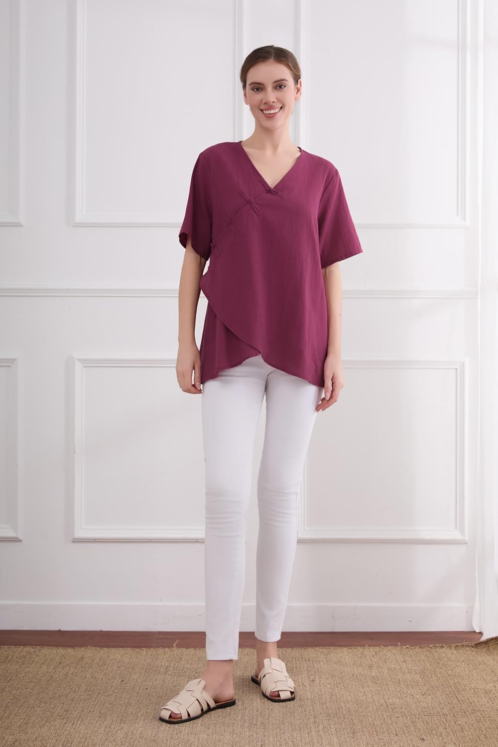 Minibee Women's Linen Retro Chinese Frog Button Tops Blouse - Image 5