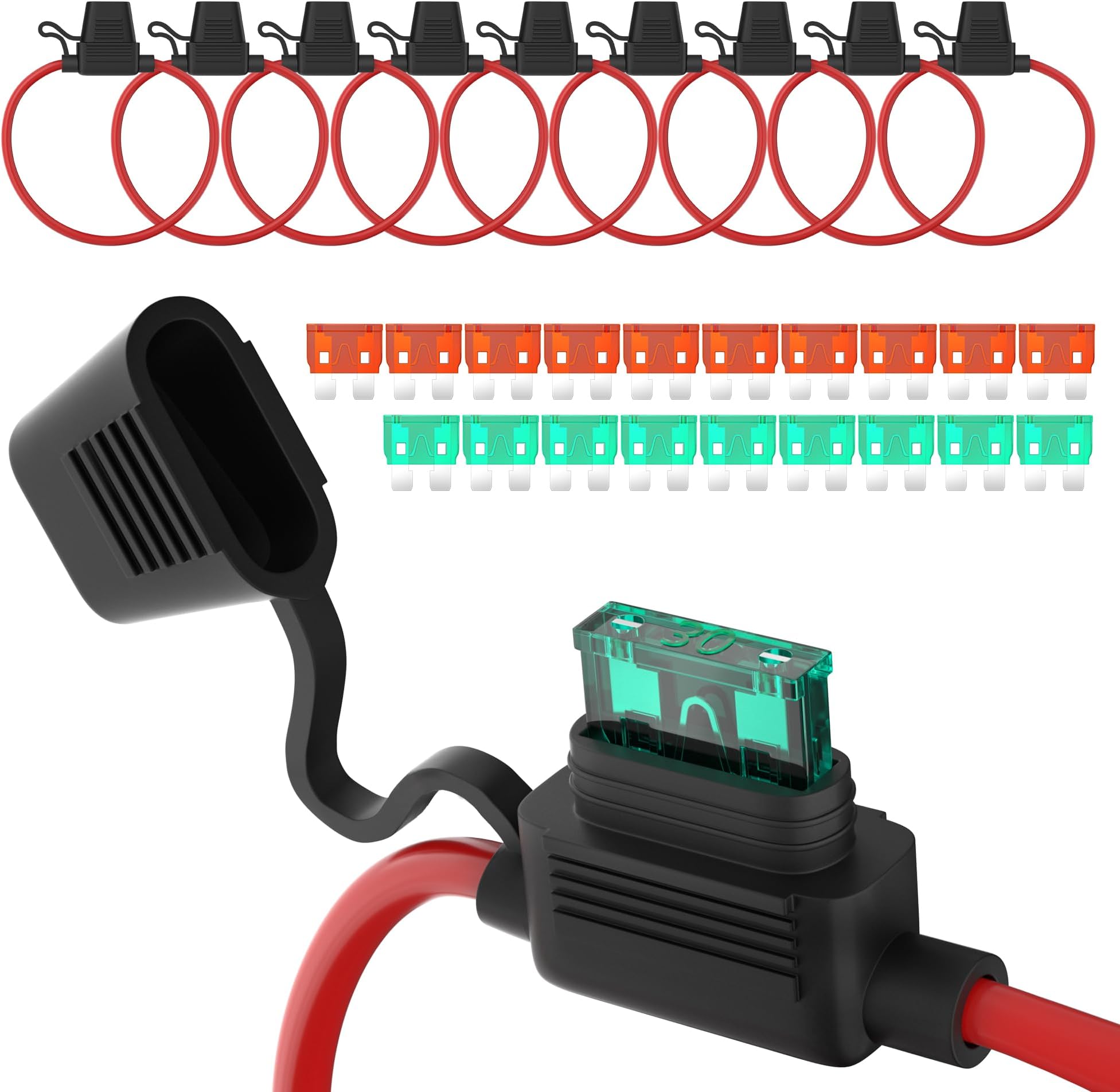 DaierTek 12 AWG Inline Fuse Holder 12V, ATO/ATC in Line Fuse Holder 12 Volt Waterproof with 30 Amp & 40 Amp Medium Blade Fuse for Marine Car Automotive- 10pcs