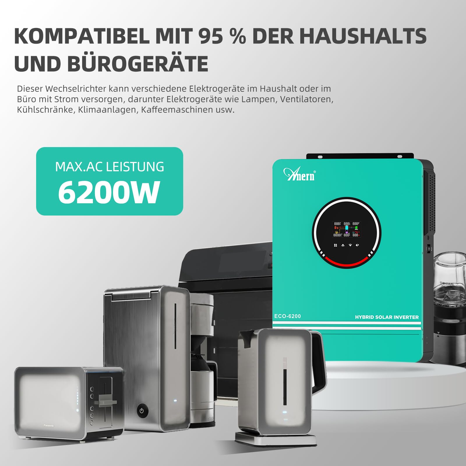 Anern Hybrid Wechselrichter Solar 6200W 48Vdc zu AC 230V PV 60-500VDC Off Grid Reine Sinus Welle Solar Wechselrichte 120A MPPT Für Bleisäure- und Lithium-Batterien mit WiFi-Modul