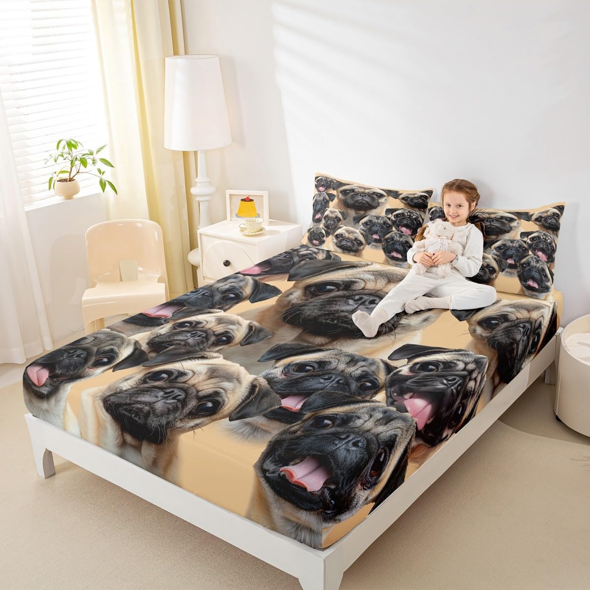 Castle Fairy Pug Dog Bedding Sheet Set Queen Size for Kids Teen Bedroom Decorations, Cute Brown Puppy Print Deep Pocket with 2 Pillow Shams, Kawaii Animal Theme Fitted Sheet for Festival Gift