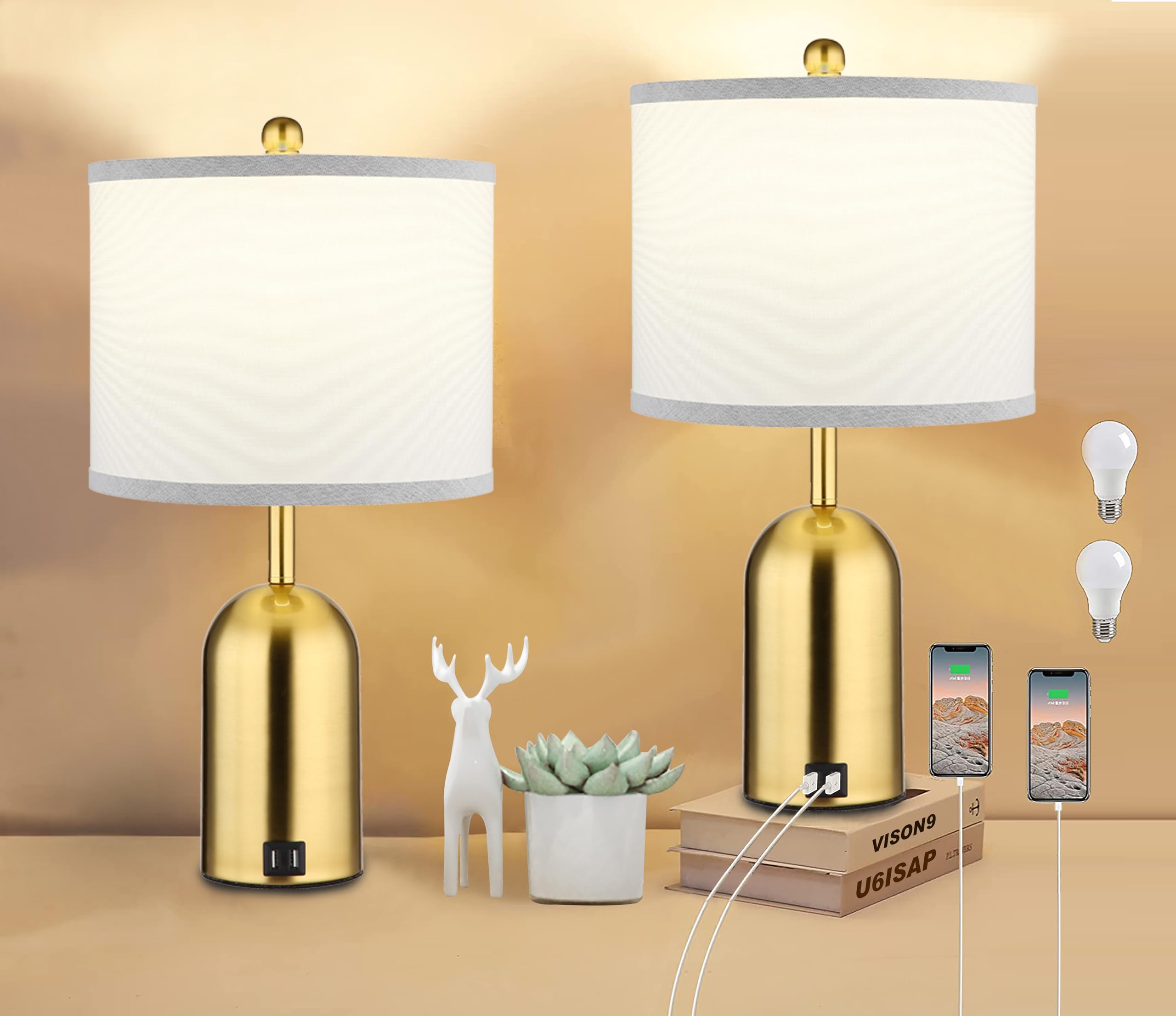 Ldeco Touch Dimmer Table Lamp for Bedroom,Bedside Lamp with USB Port Elegant Nightstand Lamp with Fabric Shade,Gold Modern Desk Lamp for Living Room,Office,Bulb incl.