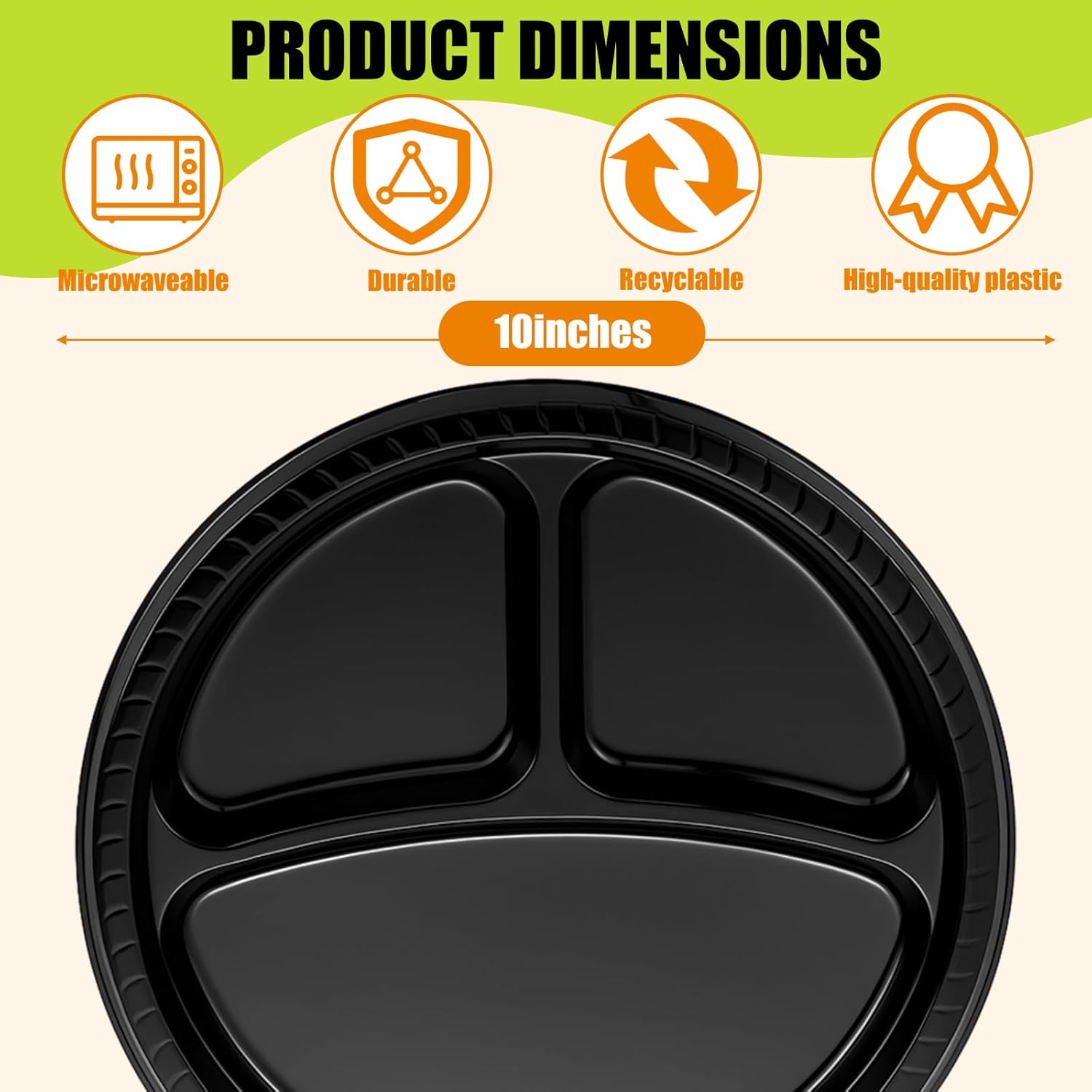 Umigy 100 Pcs 10 Inch 3 Compartments Divided Plastic Plates Bulk Colorful Disposable Heavy Duty Round Dinnerware for Valentine Wedding Birthday Party (Black) - Image 2