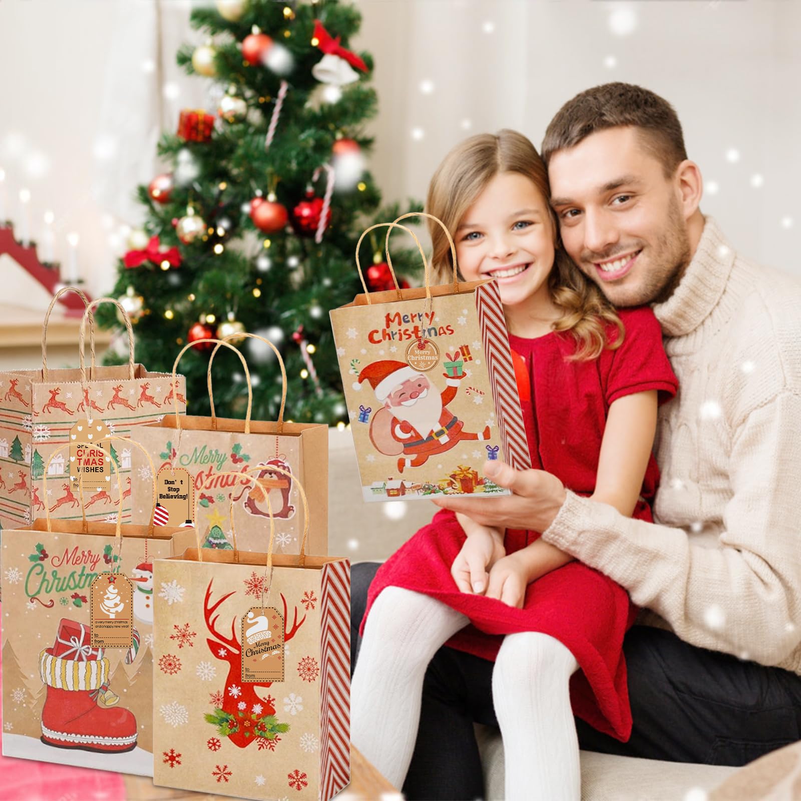 Gucass 24 stuks geschenkzakjes voor Kerstmis, kerstpapieren zakjes met handvat, kerstzakjes om te vullen, kraftpapier kerstcadeauzakjes met kerstprint en 1-24 cijferstickers