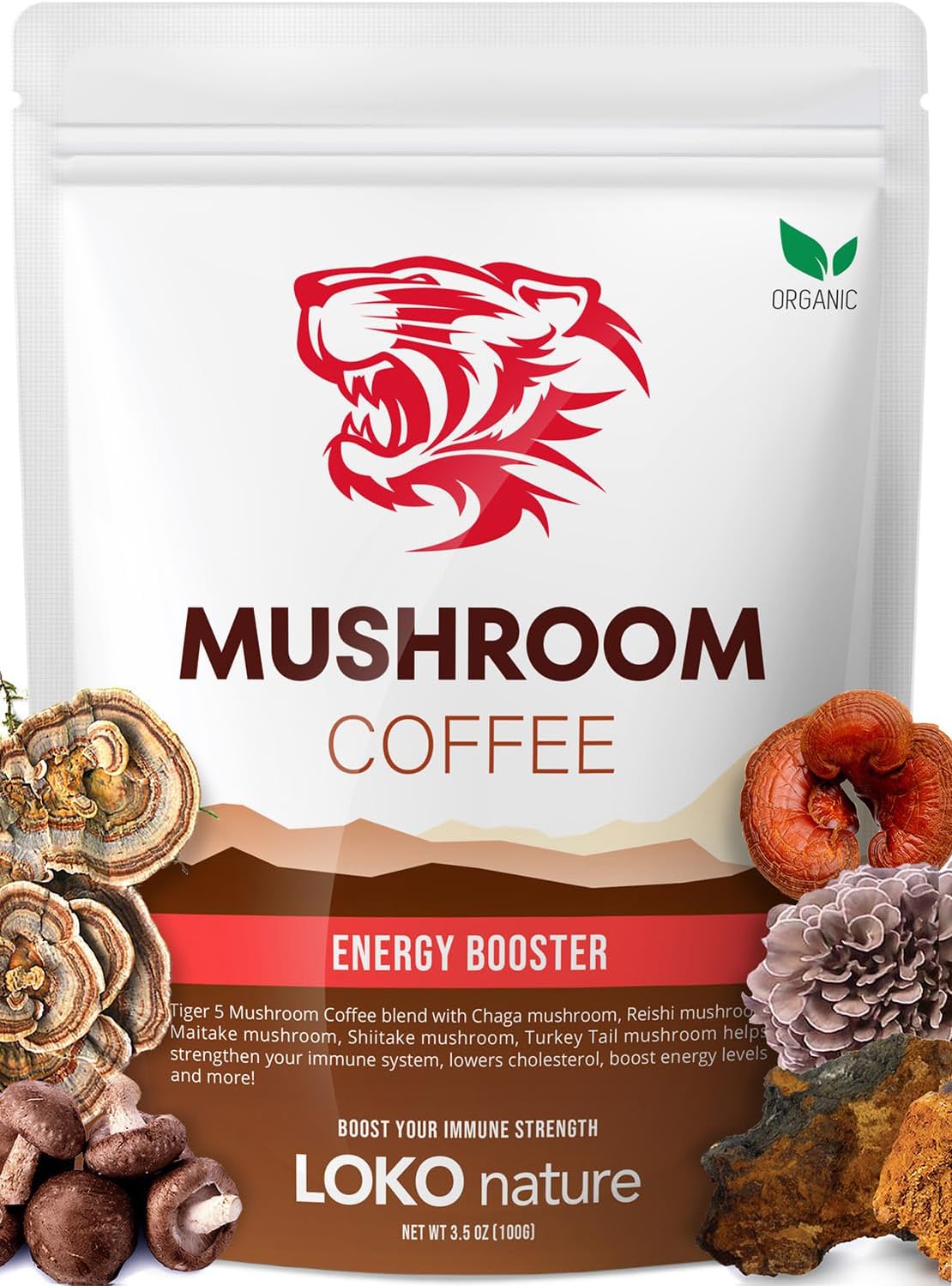 Tiger Organic 5 Mushroom Instant Coffee – 30 Servings with 100% Arabica | Immune System Booster, Reishi, Maitake, Shiitake, Chaga & Turkey Tail Mushrooms | Gluten & Dairy Free, Vegan - Natural Energy