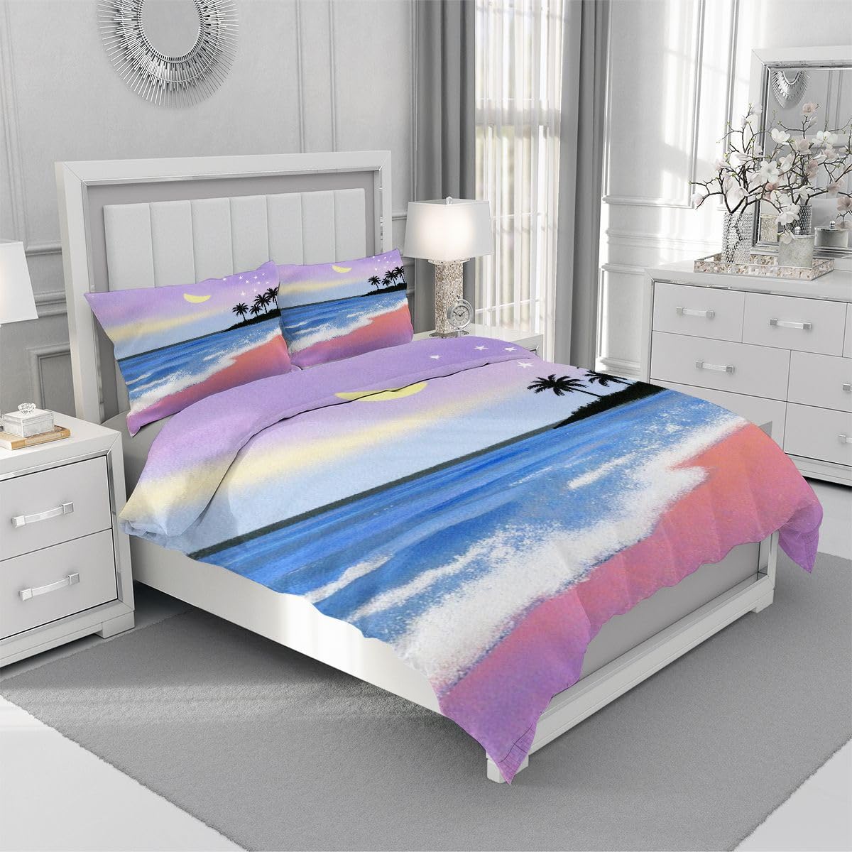 Funda Nordica 220 x 240 Luna Playa Rosa, Fundas de Edredón de Microfibra, Juego de Ropa de Cama con Cierre de Cremallera + 2 Fundas de Almohadas 50x75 cm_A13565