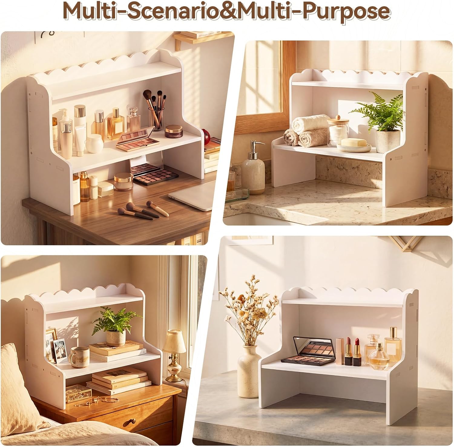 Amyhill Wooden Office Desktop Storage, 2-Tier Scalloped Tabletop Organizer Shelf for Cosmetics, Stationery, Office Supplies, Space-Saving Display Rack for Bedroom, Dorm