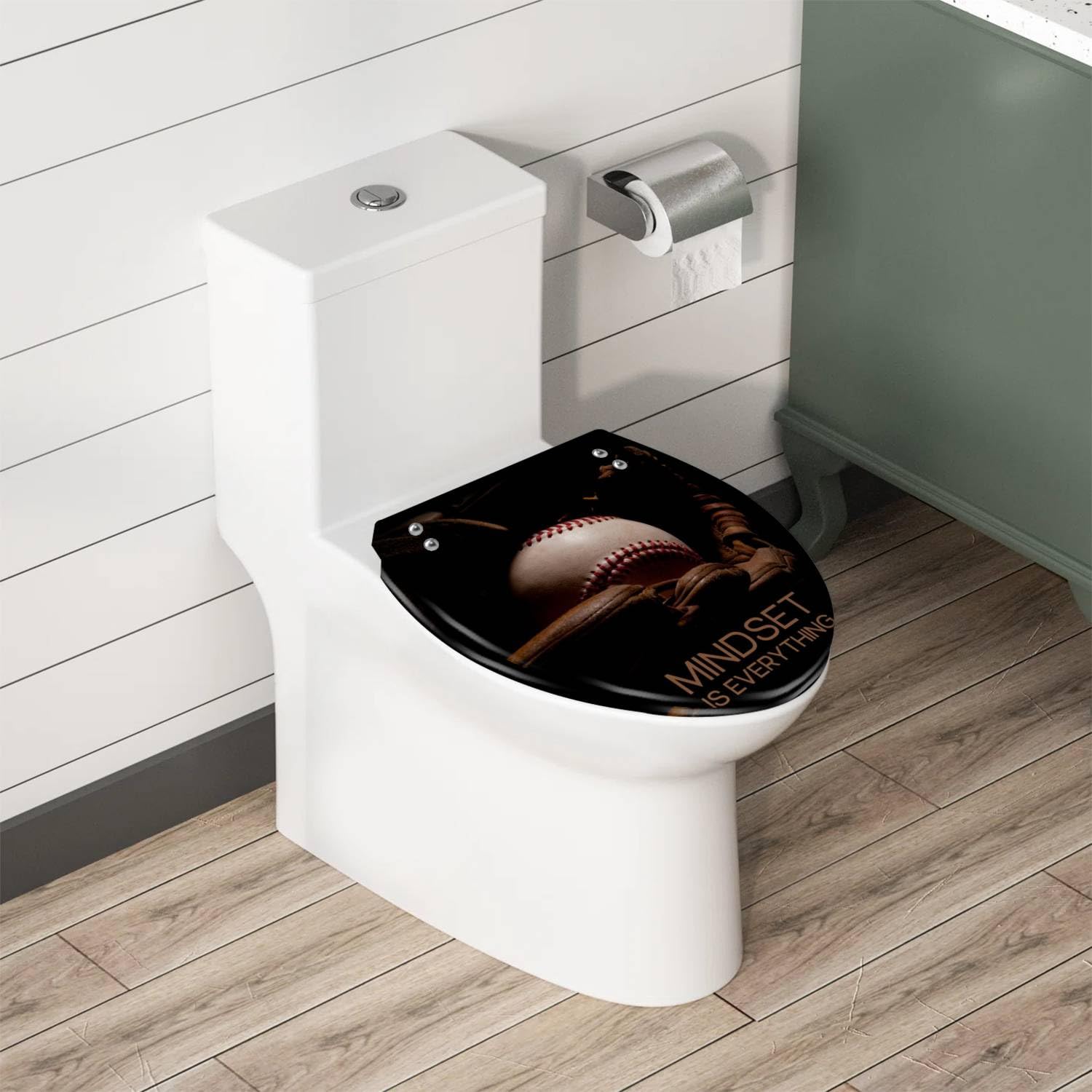 Elongated Toilet Seat Mindset Quote Baseball Sport Theme Resin Toilet Seat with Quietly Close Quick Release Hinges Decorative Toilet Seat with Cover Easy to Clean and Install