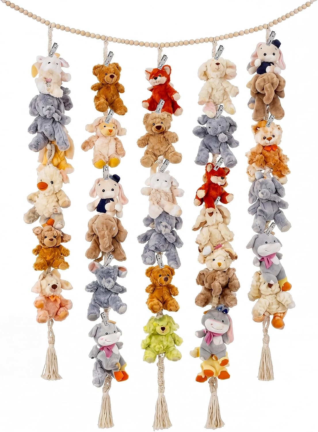 Unittype Stuffed Animal Storage Hammock, Boho Wooden Beads Garland, Hanging Stuffed Animal Holder Picture Display Organizer Chain with 60 Clips for Wall or Corner Nursery Play Room