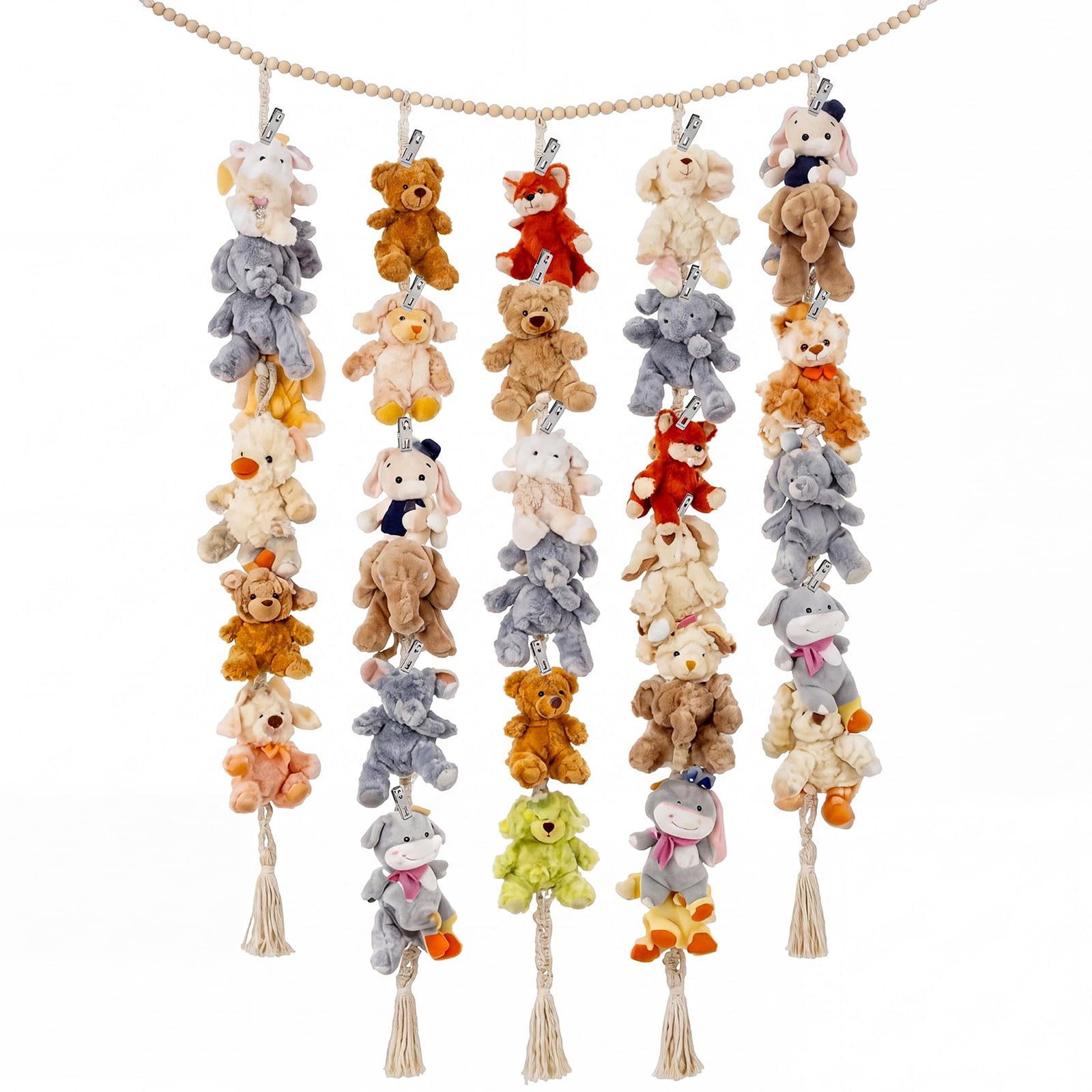 Photo 1 of Unittype Stuffed Animal Storage Hammock, Boho Wooden Beads Garland, Hanging Stuffed Animal Holder Picture Display Organizer Chain with 60 Clips for Wall or Corner Nursery Play Room