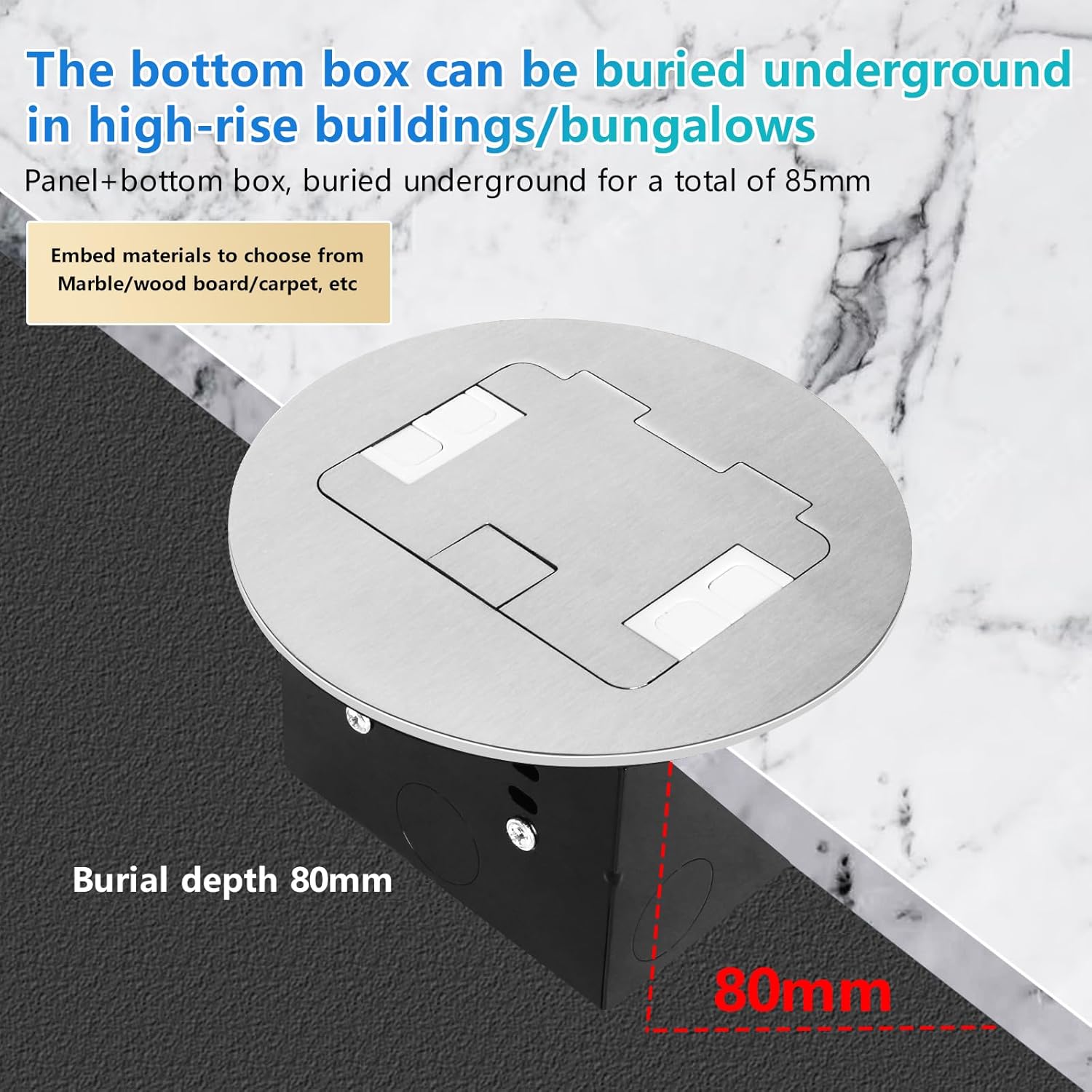 KYHSHJ Recessed Circular Floor Socket Kit with 2 * 20A Receptacle，4.8A 1 USB-A Ports &1 USB-C Port，Corrosive Resistant Hardware,Silver