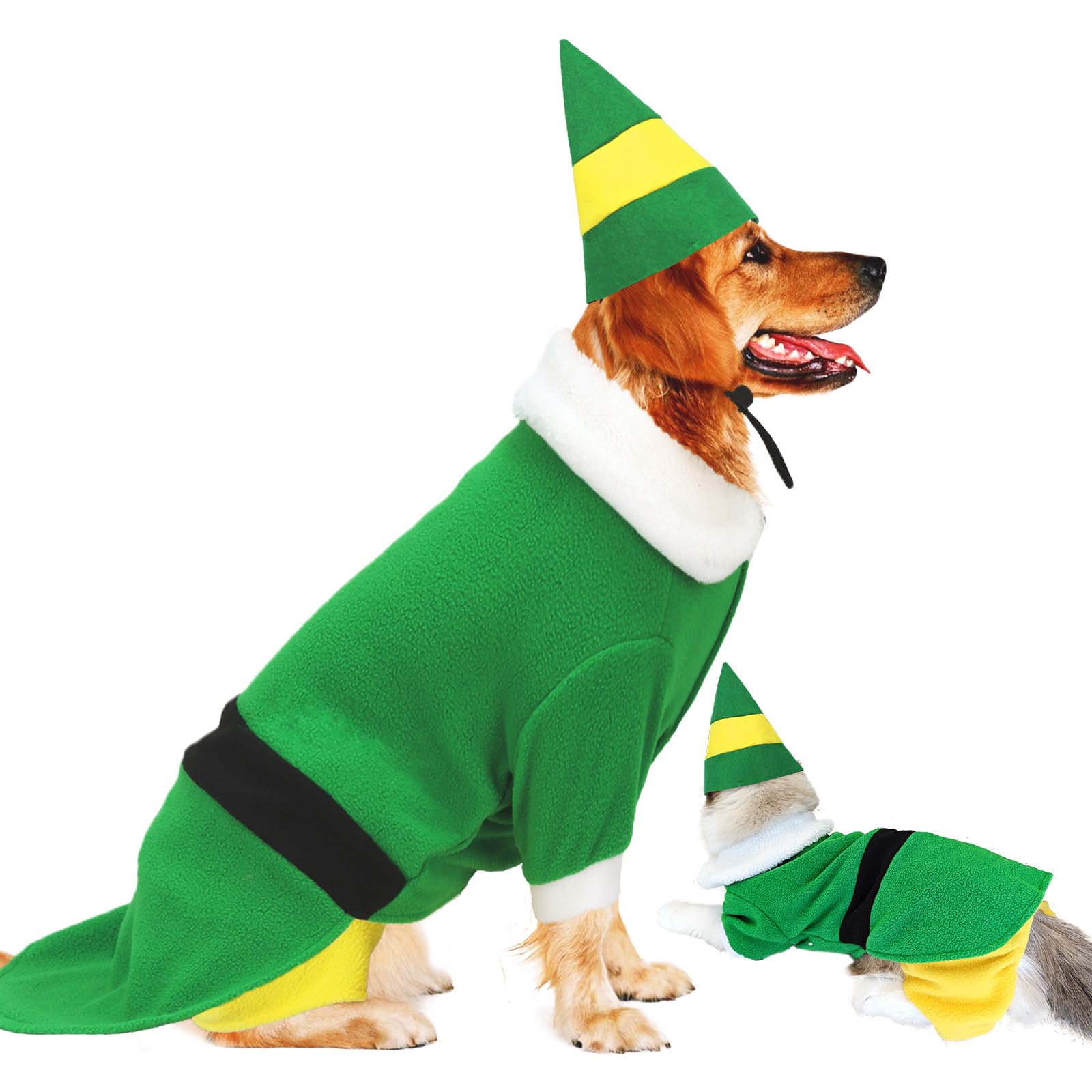 Dog Christmas Outfit with Cap, Funny Dog Elf Outfit, Christmas Dogs Clothes for Pets Party Winter Warm Outfit (Green, Medium)