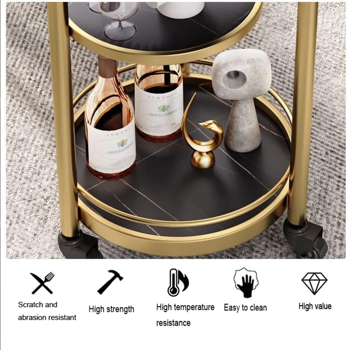 POCHY Serving Cart 3 Tier Round Utility Carts Metal Frame Bar Carts Slate Rolling Cart with Wheels Drink Cart Mobile Storage Cart