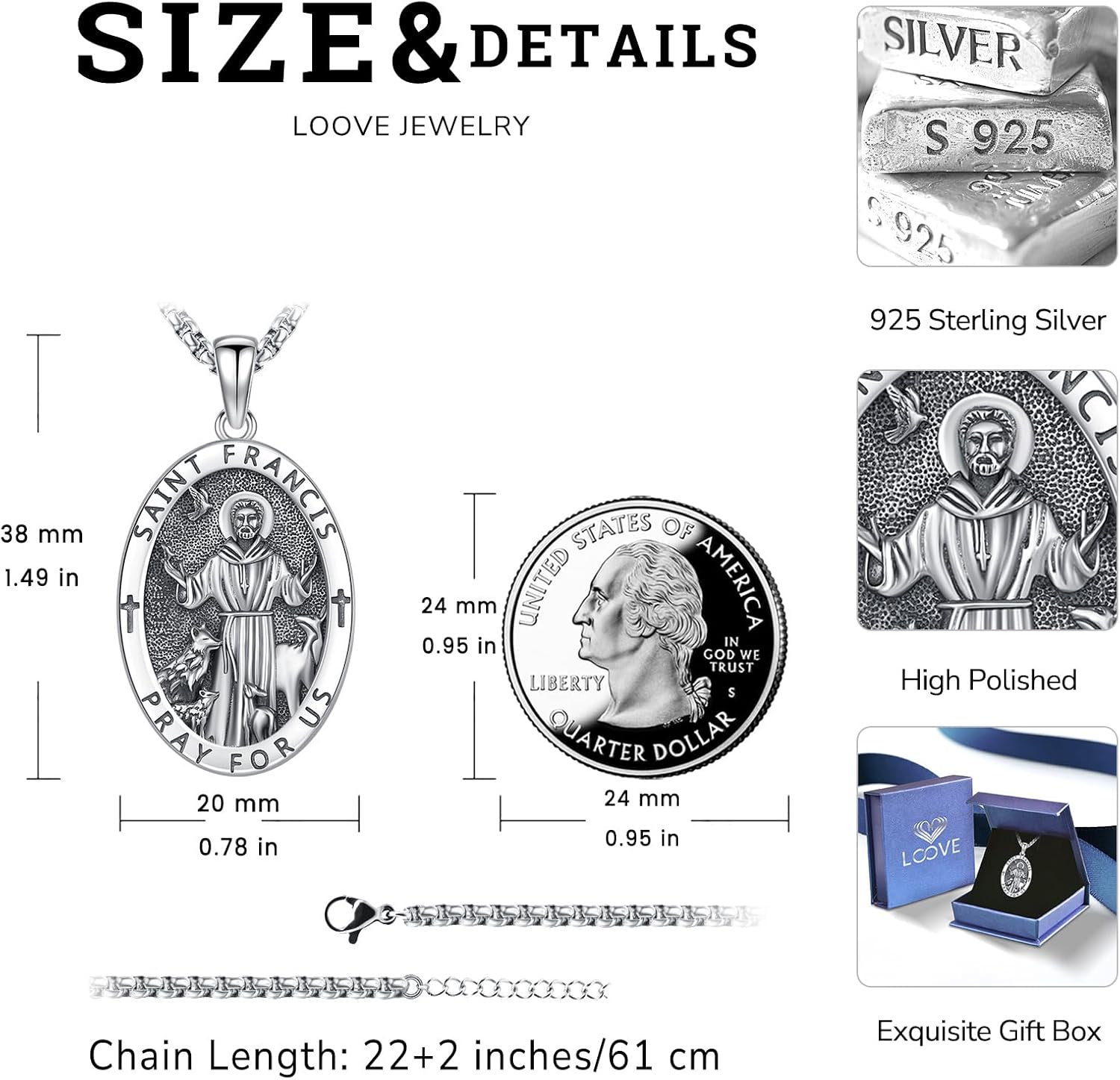 Patron Saint Medals Amulet Necklace 925 Sterling Silver Protection Jewelry for Men Women with 20"/22"+2" Rolo Chain - Image 4