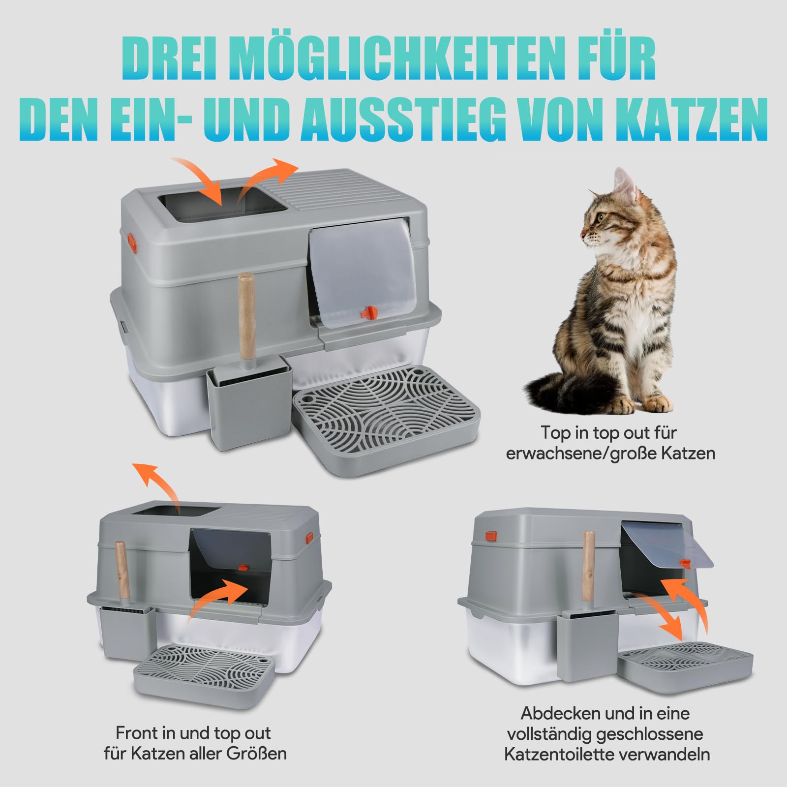 INSMEER Kattenbak XXL van roestvrij staal, 30 liter, groot, met deksel/schep, ruim voor katten tot 15 kg, met deksel, lekvrij, minder sporen, gemakkelijk te reinigen, 60 x 40,5 x 38 cm