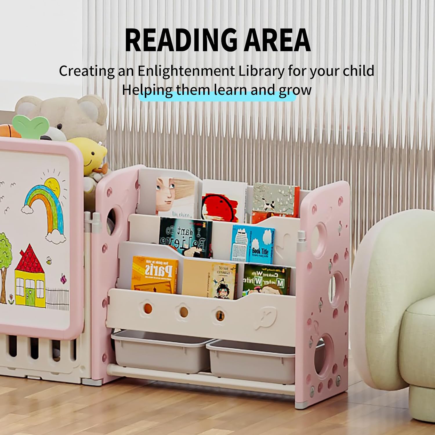 UNICOO Kids Multifunctional Toy Storage Organizer with 3-Tier Bookshelf, Storage Rack & Drawing Board, Flexible & Versatile L Shaped Organizer for Nursery, Playroom, Study Room (White & Pink)