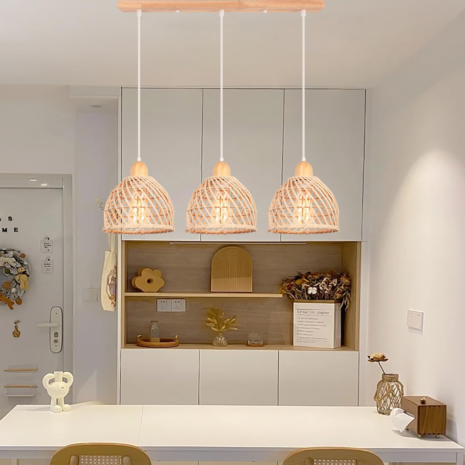 iDEGU 3 Lampade a Sospensione, Moderna, Lampada da Soffitto, in Legno e Bambù, Spirale, Vintage, E27, Lampada da Soffitto, Retro, Lampada a Sospensione, Rattan, per Sala da Pranzo, Cucina, Soggiorno