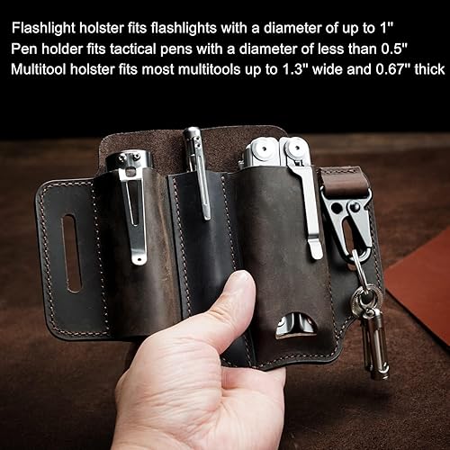 Miniatura 3 de VIPERADE PJ29 Funda multiherramienta para cinturón, organizador de bolsillo EDC de cuero para hombres, funda de cuero EDC, linterna y funda