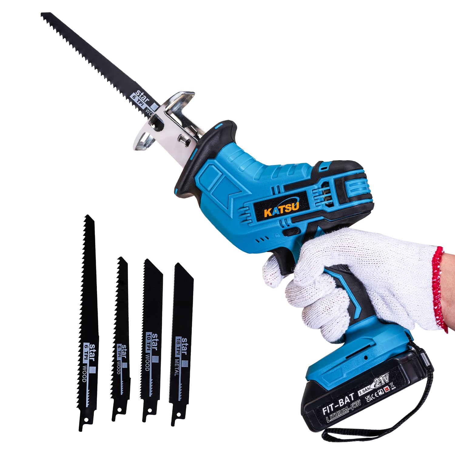 Katsu Tools Katsu Fit-Bat Cordless Mini Pruning Reciprocating Saw 21V With 2.0Ah Li-Ion Battery And Charger, 4Pcs Blades Included