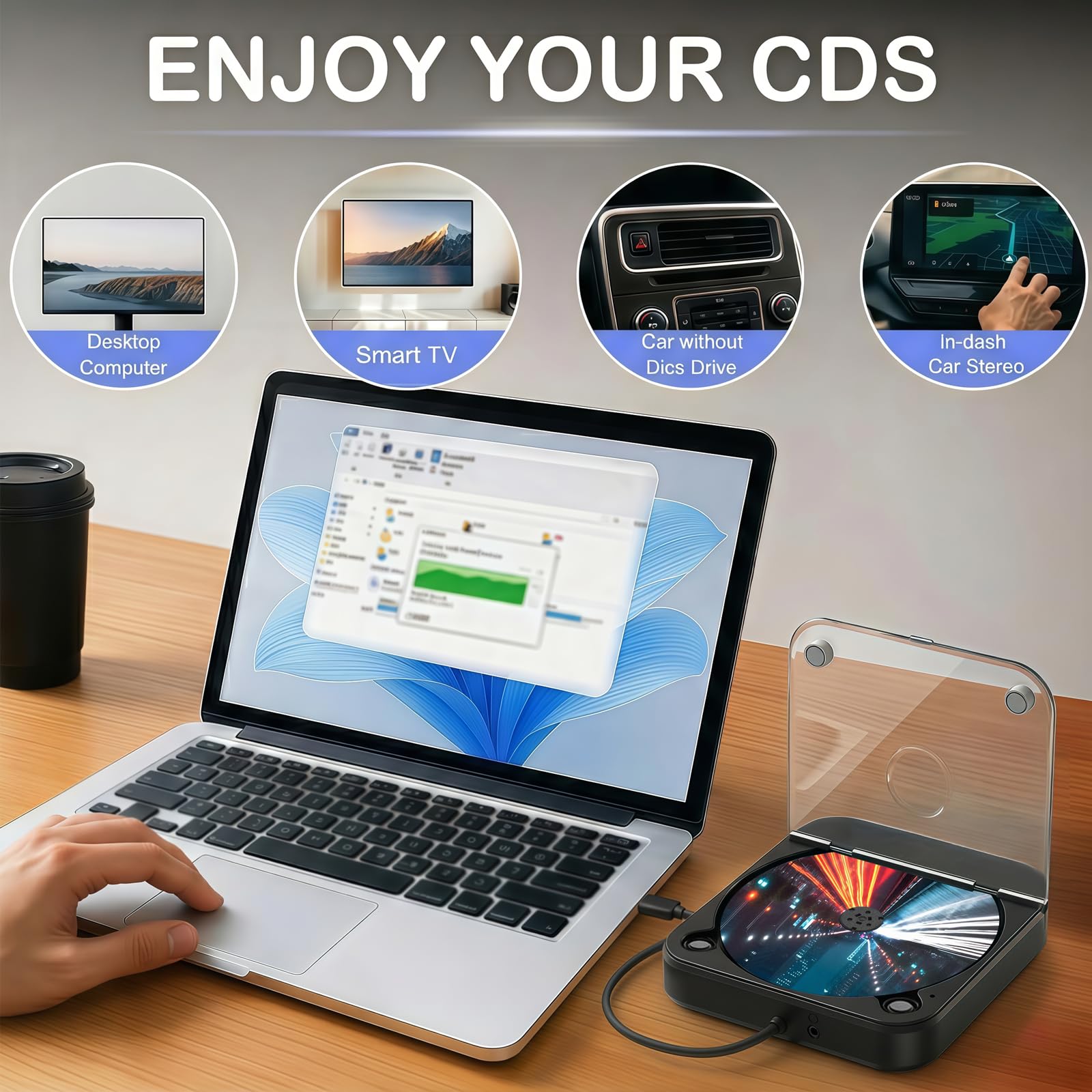 Tragbarer externer CD-Player für Auto: Plug-and-Play, mit USB & AUX, universell für Fahrzeuge, Laptop, TV, PC sowie Android 4.4+ Navigation (Schwarz-CD, 1)