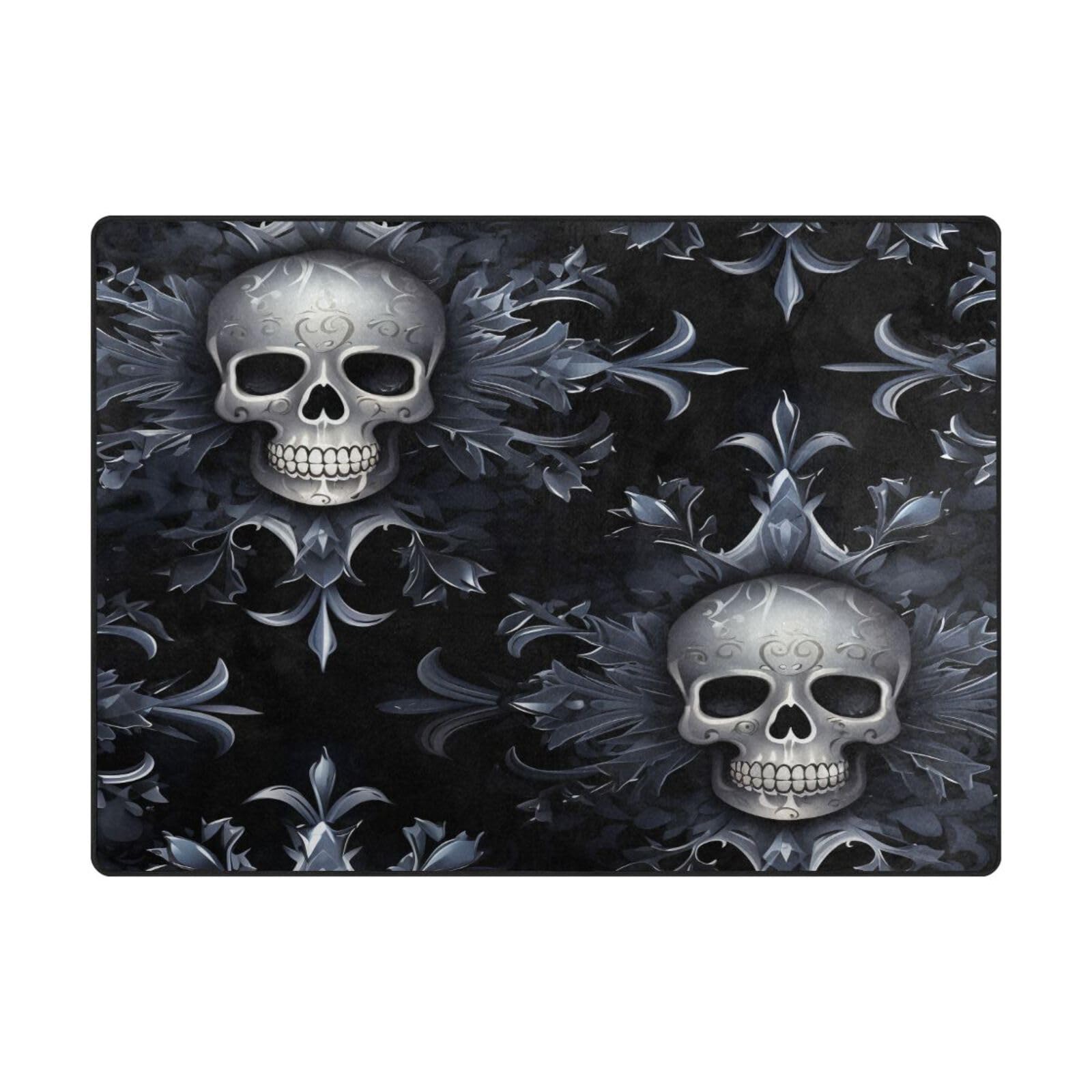Grand tapis de sol doux 203x147 cm motif tête de mort gris et fleurs vintage pour salon
