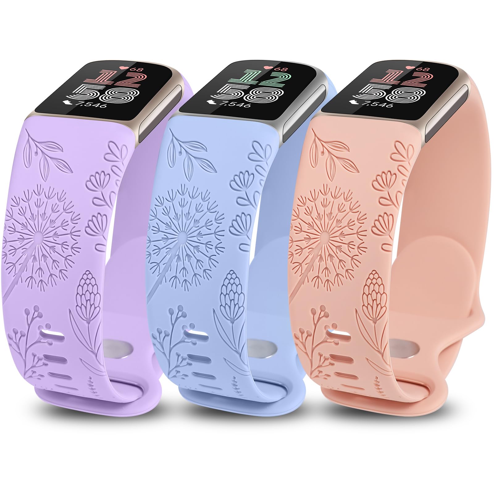 Minyee 3 Packs Floral Engraved Band Compatible with Fitbit Charge 6 Bands/Fitbit Charge 5 Bands Women, Cute Soft Silicone Dandelion Flower Pattern