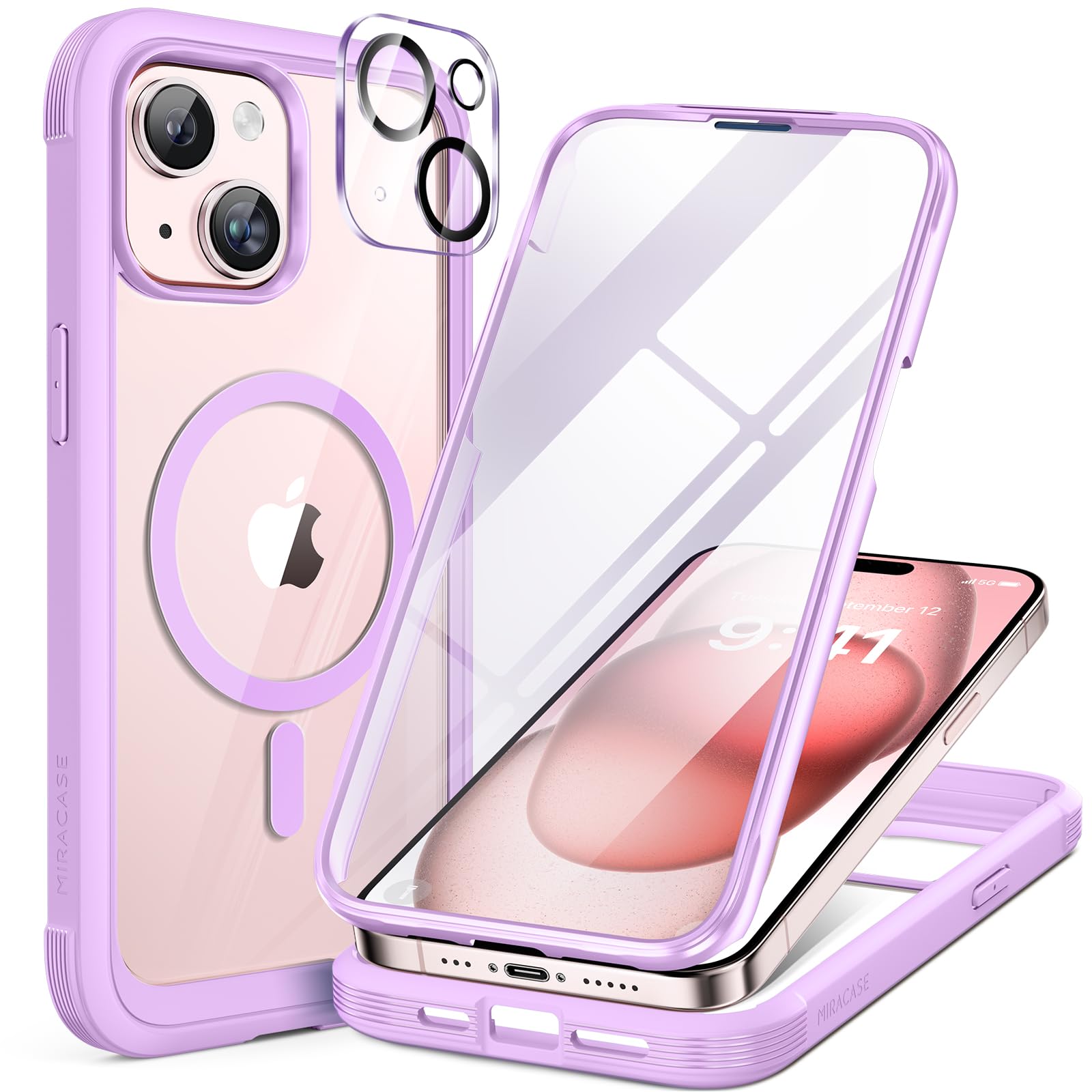 miracase Glass Series for iPhone 15 Case [Compatible with MagSafe] Full-Body Magnetic Bumper Case with Built-in 9H Tempered Glass Screen Protector + Camera Lens Protector, Light Purple