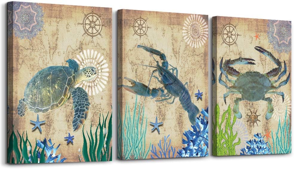 green Ocean Theme Mediterranean turtle, shrimp and crab modern Canvas Prints Wall Art Paintings Wall Artworks Pictures for Living Room Bedroom Decoration, 3 Panels Home bathroom Wall decor posters
