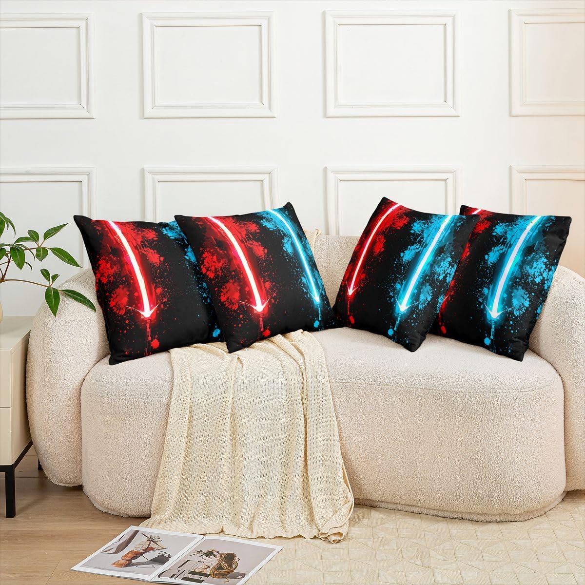 Feelyou Lightsaber Throw Pillow Covers 24"x24" Set of 2 Soft Red Blue Cool Design Pillow Cases Cushion Covers for Living Room Bedroom Tie Dye Decorative Throw Pillowcases for Sofa Couch Chair