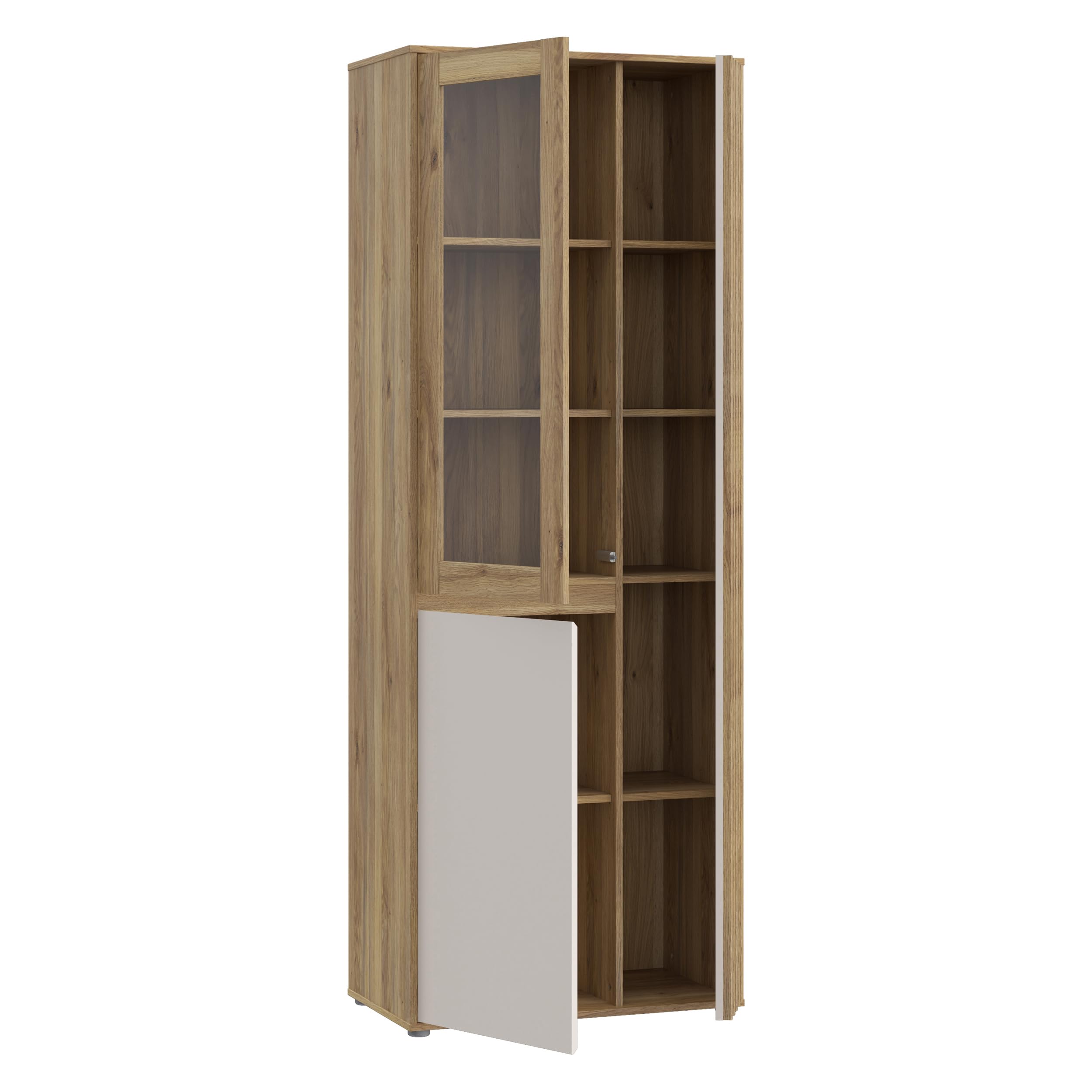 Forte ELISTON Vitrine 70 80, moderner Schrank mit Lamellendesign, 3-türig, Wohn-/Schlafzimmer, Mauvella Eiche Holzdekor|Kashmir Beige, 74 cm breit x 200,1 cm hoch x 41,5 cm tief