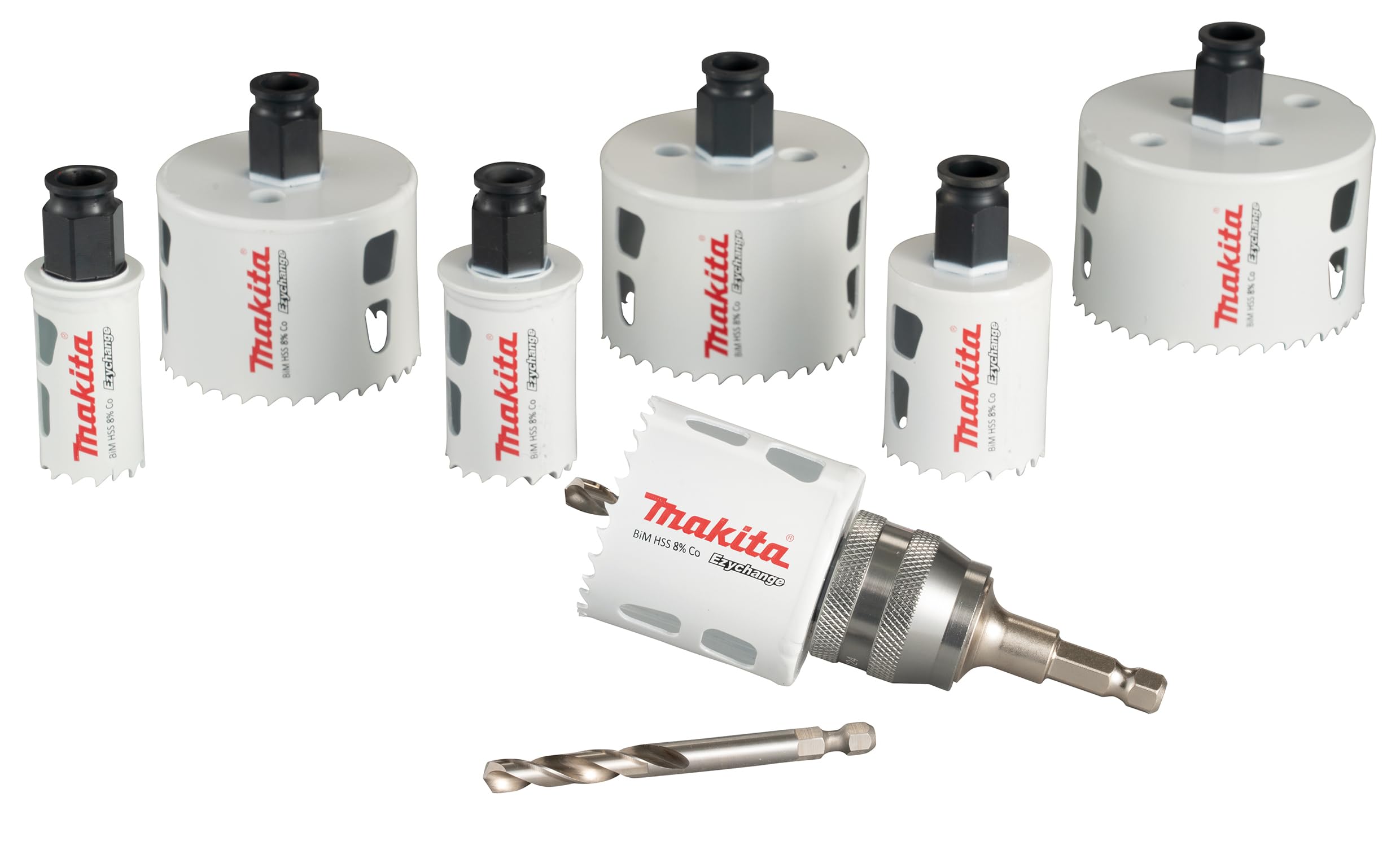 Makita E-12295 - Set di 9 seghe a tazza universale (EZYCHANGE sistema di sgancio rapido Ø 25-76 mm, con valigetta per il trasporto, adattatore con attacco a 6 punte, con punta di centraggio)