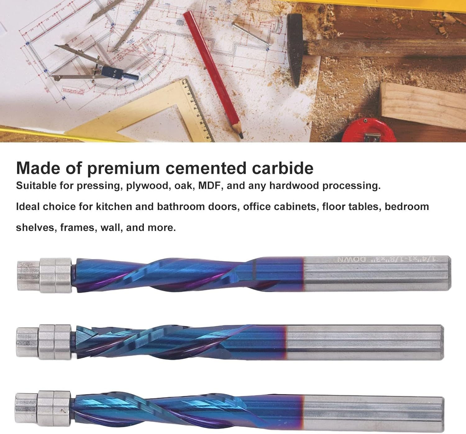 3Pcs Flush Trim Router Bit, Cemented Carbide Upward Flush Trim Bit, 1/4 Inch Shank Top Bearing Flush Trim Router Bit, for Floor Tables, Bedroom Shelves, Frames