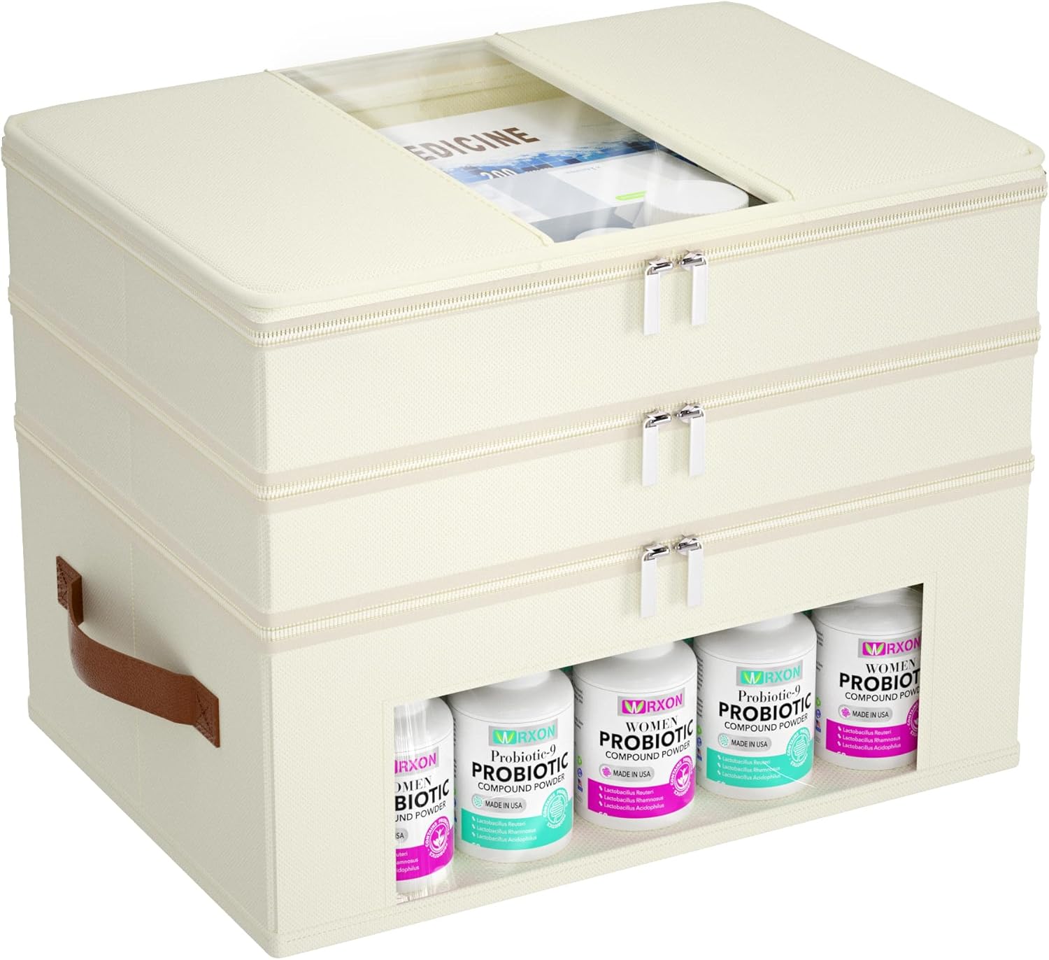 3-Tier Medicine Cabinet Organizer, Fabric Medicine Organizer for Cabinet with Leather Handle, Medicine Storage Box for First Aid, Organizers and Storage Home Must Haves (Beige)