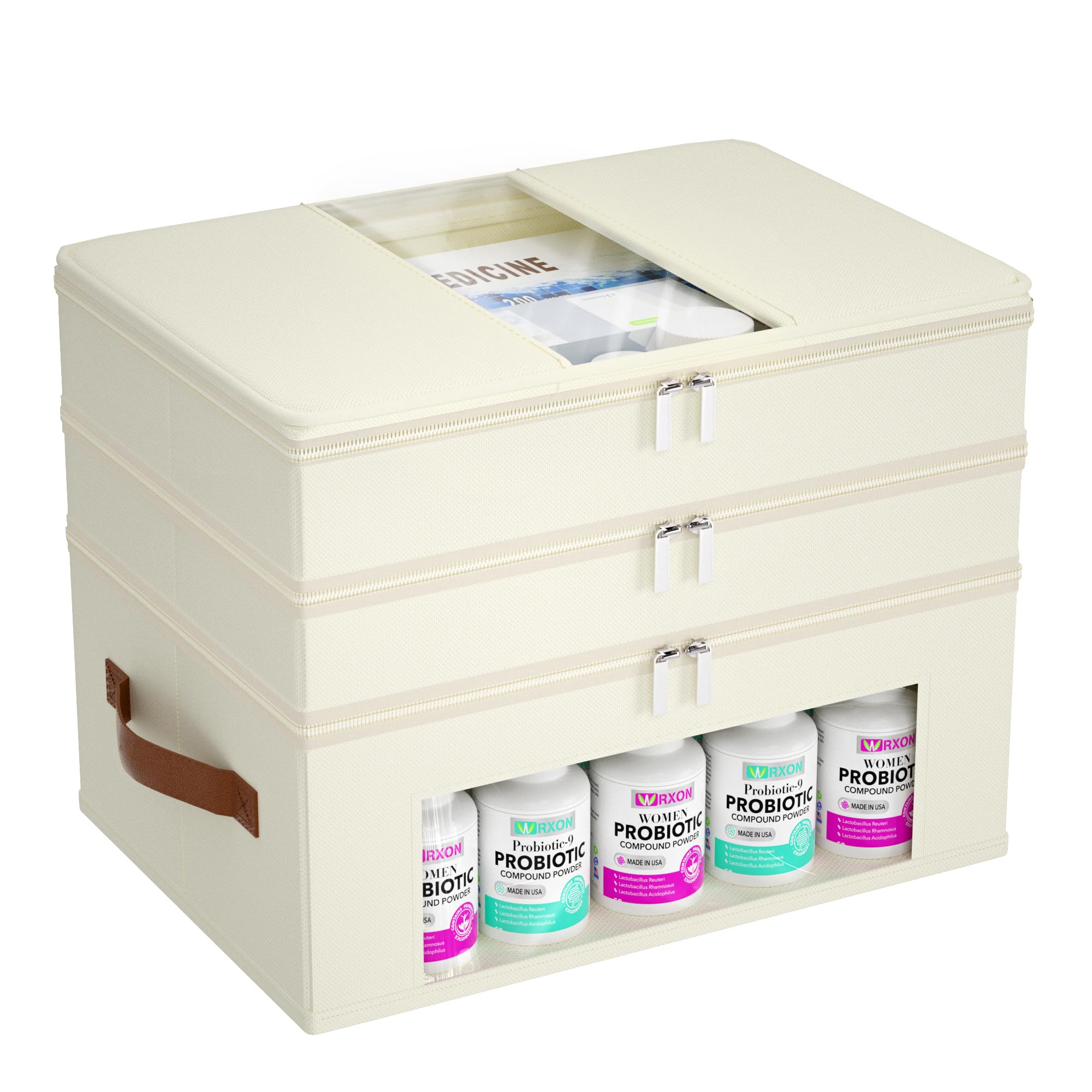Whiidoom 3-Tier Medicine Cabinet Organizer, Fabric Medicine Organizer for Cabinet with Leather Handle, Medicine Storage Box for First Aid, Organizers